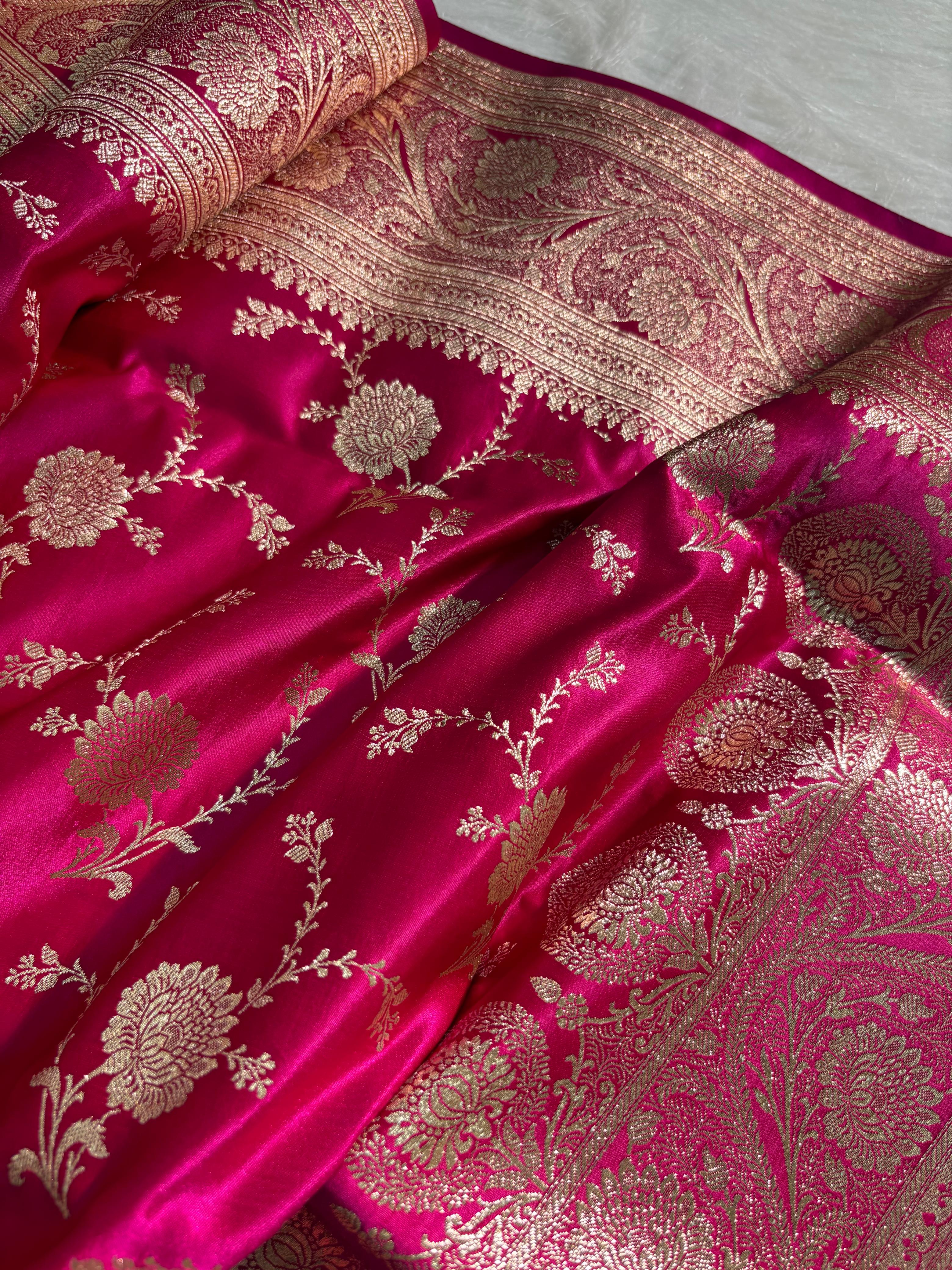 Rani - Pink Floral Jaal Pattern Satin Katan Silk Saree