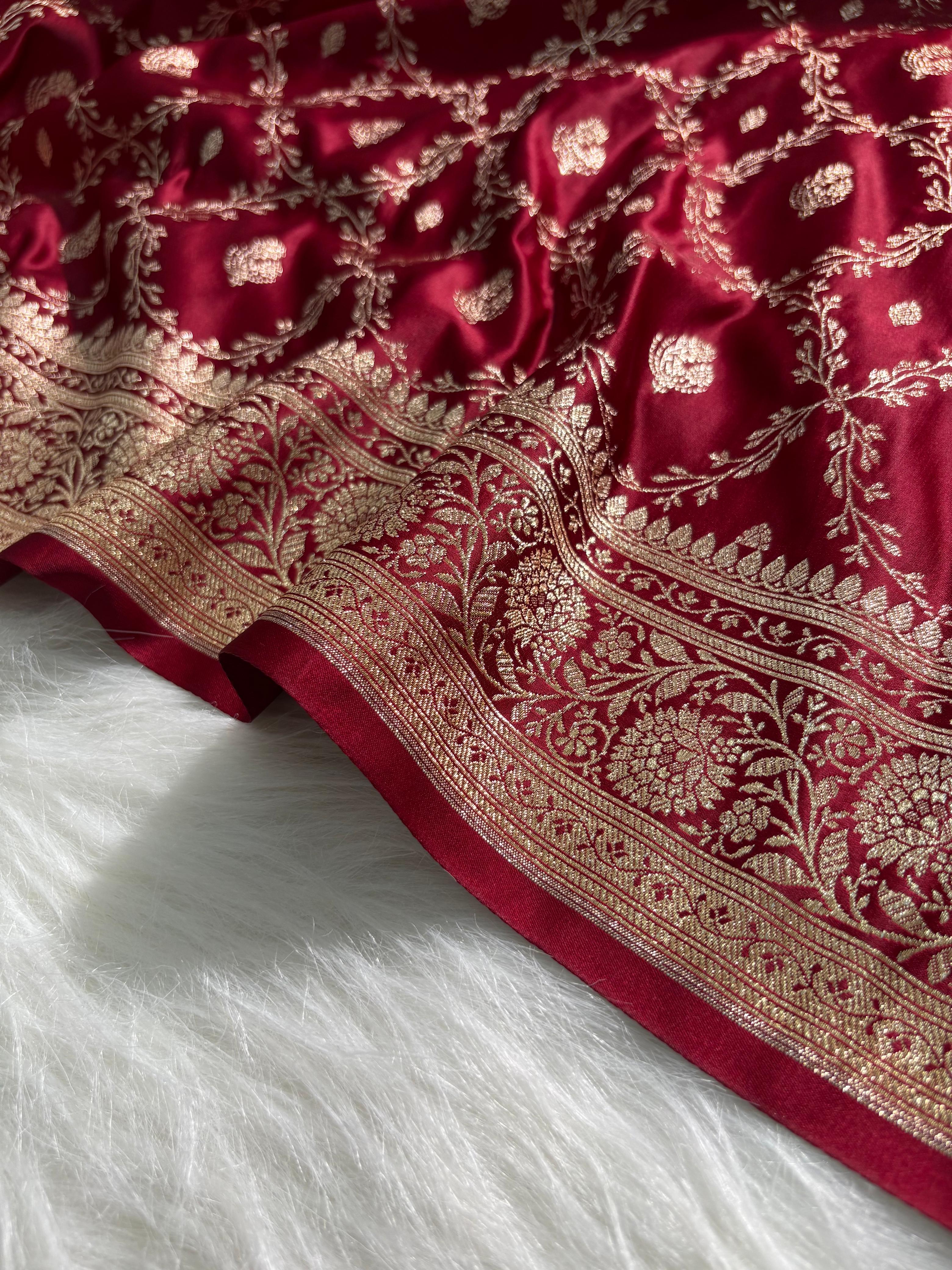 Maroon Shades Jaal Satin Silk Saree Banarasi Saree Shades