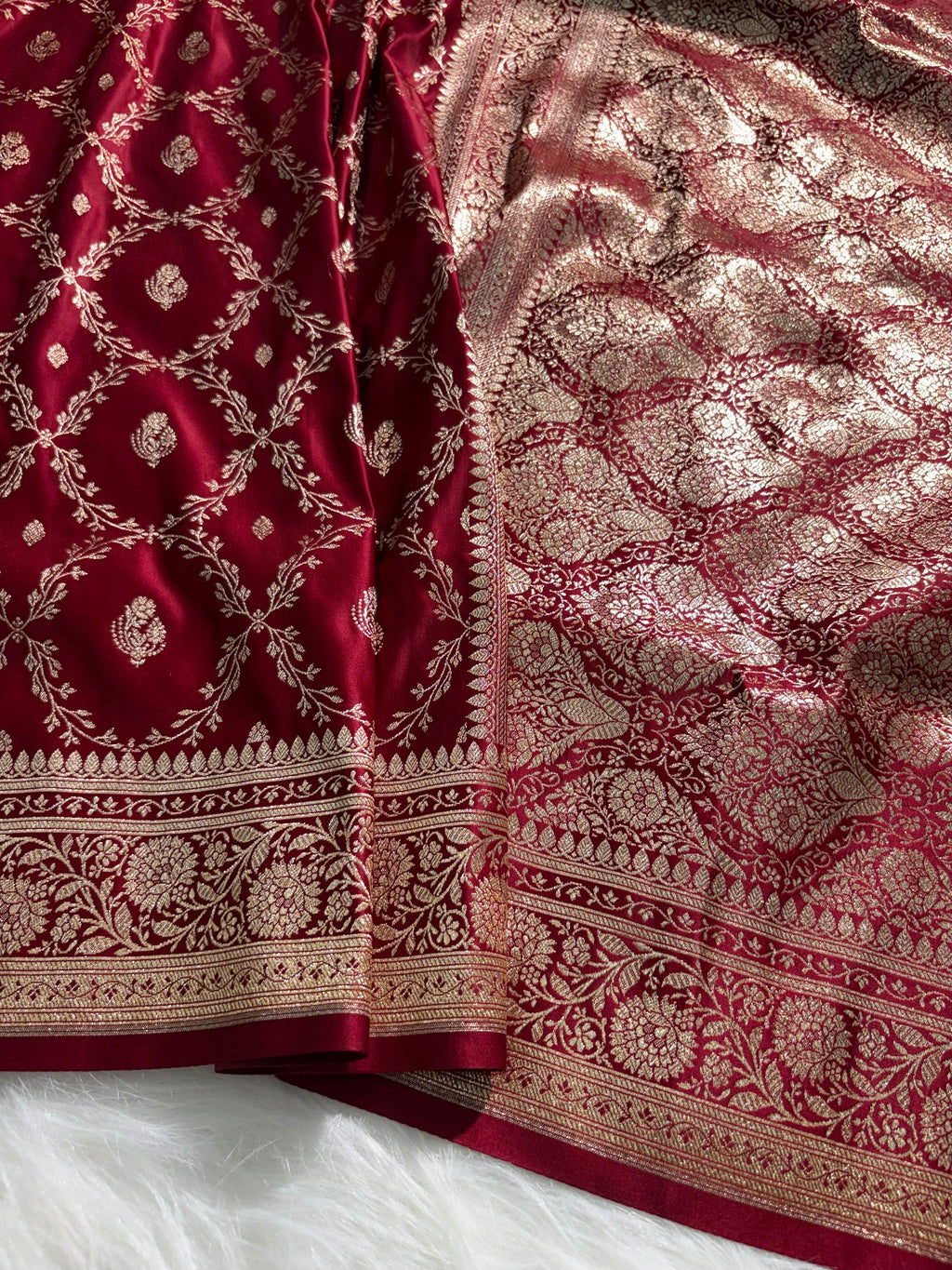 Maroon Shades Jaal Satin Silk Saree Banarasi Saree Shades