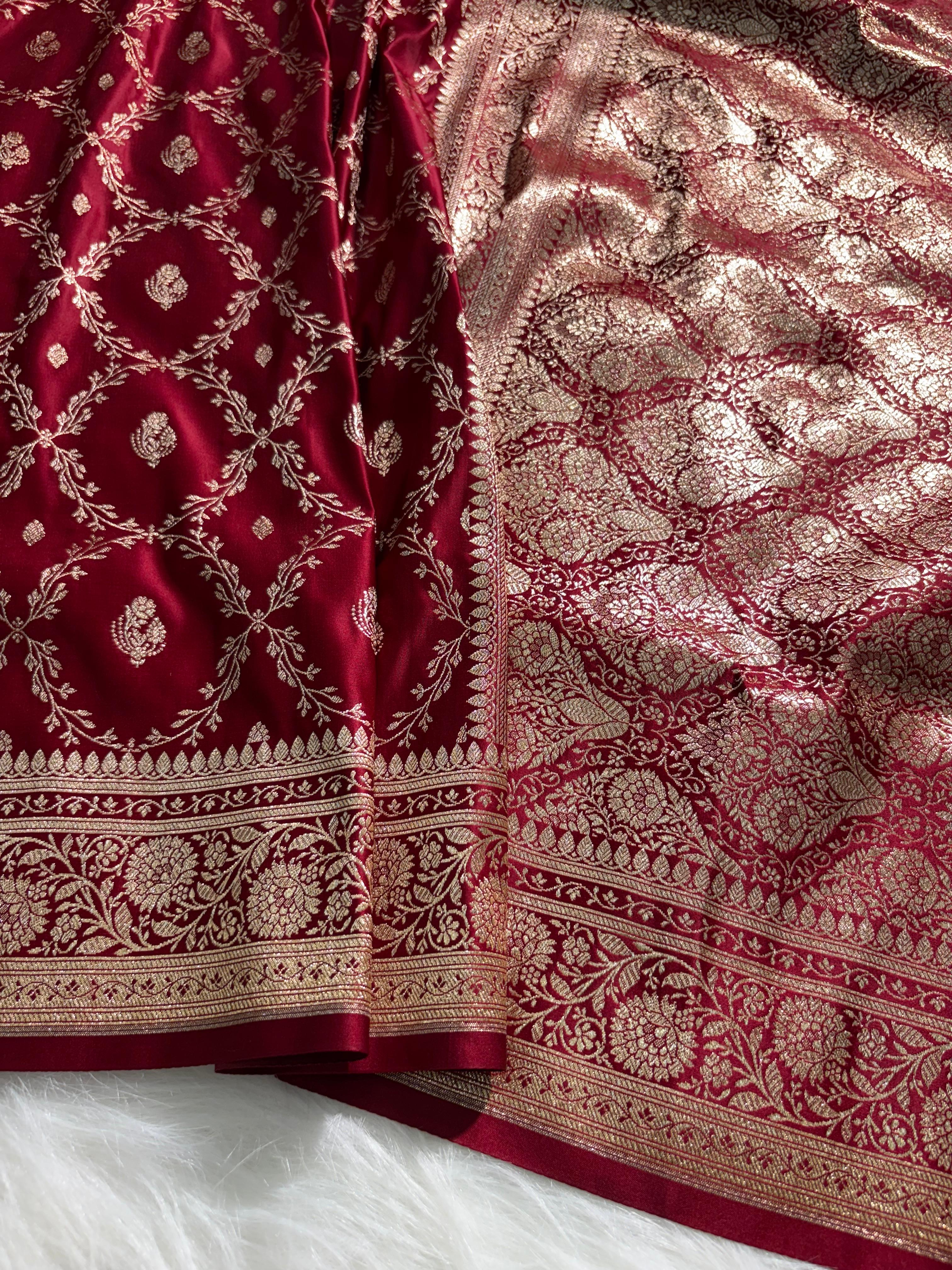 Maroon Shades Jaal Satin Silk Saree Banarasi Saree Shades