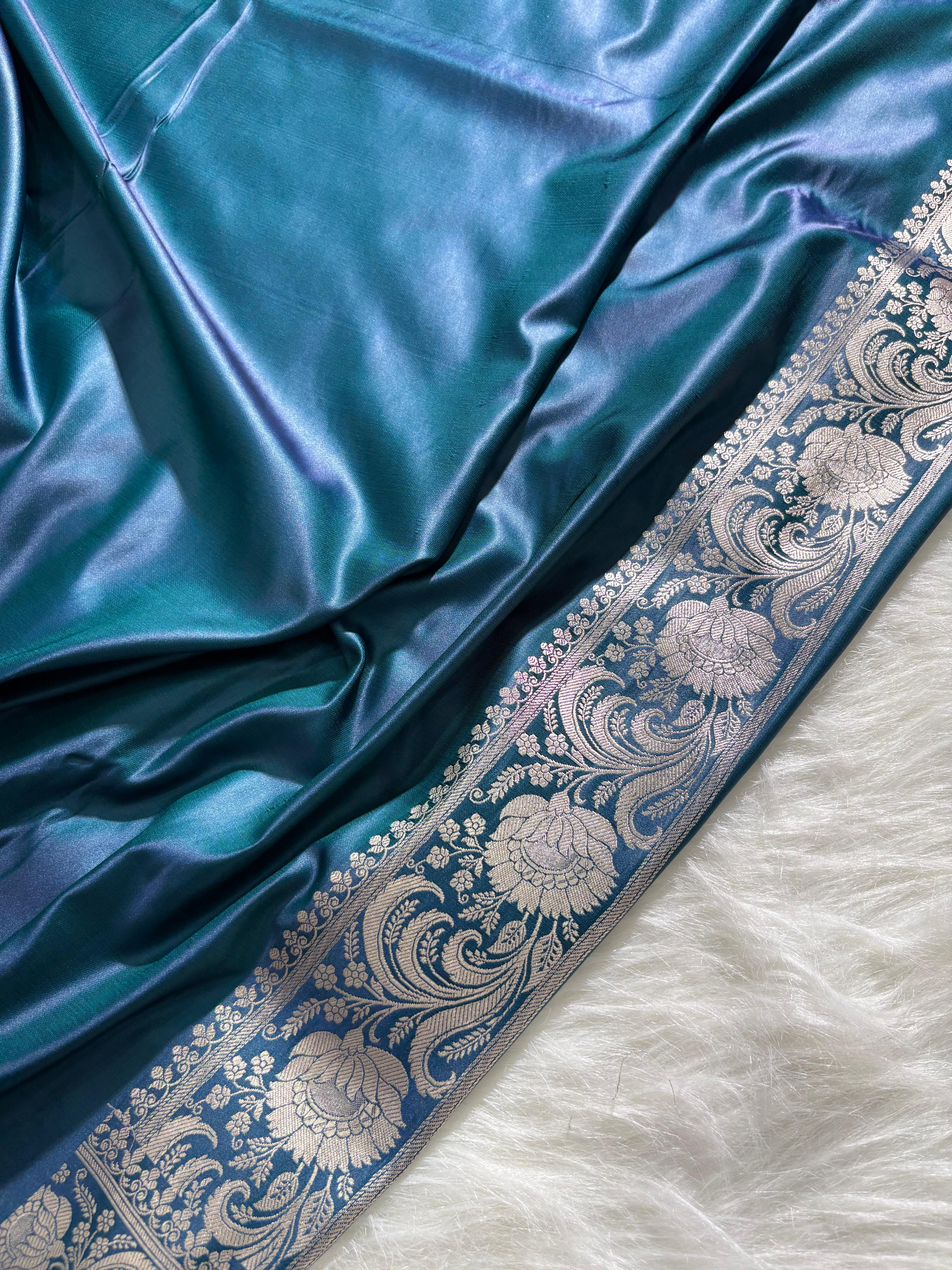Purple - Navy Blue Mashru Silk in Geometric Jaal Motifs