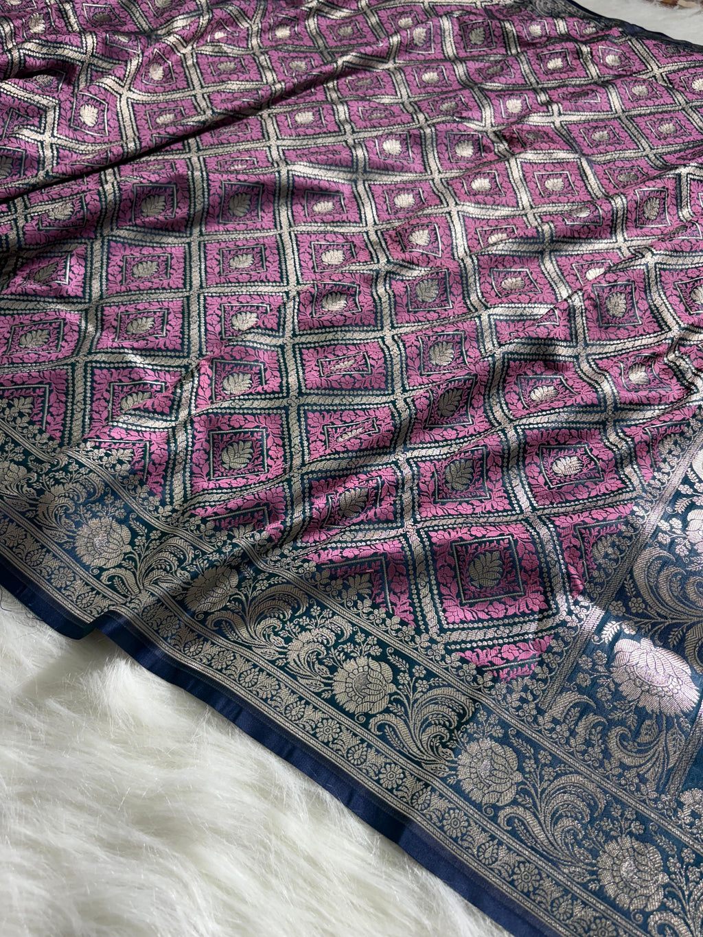Purple - Navy Blue Mashru Silk in Geometric Jaal Motifs