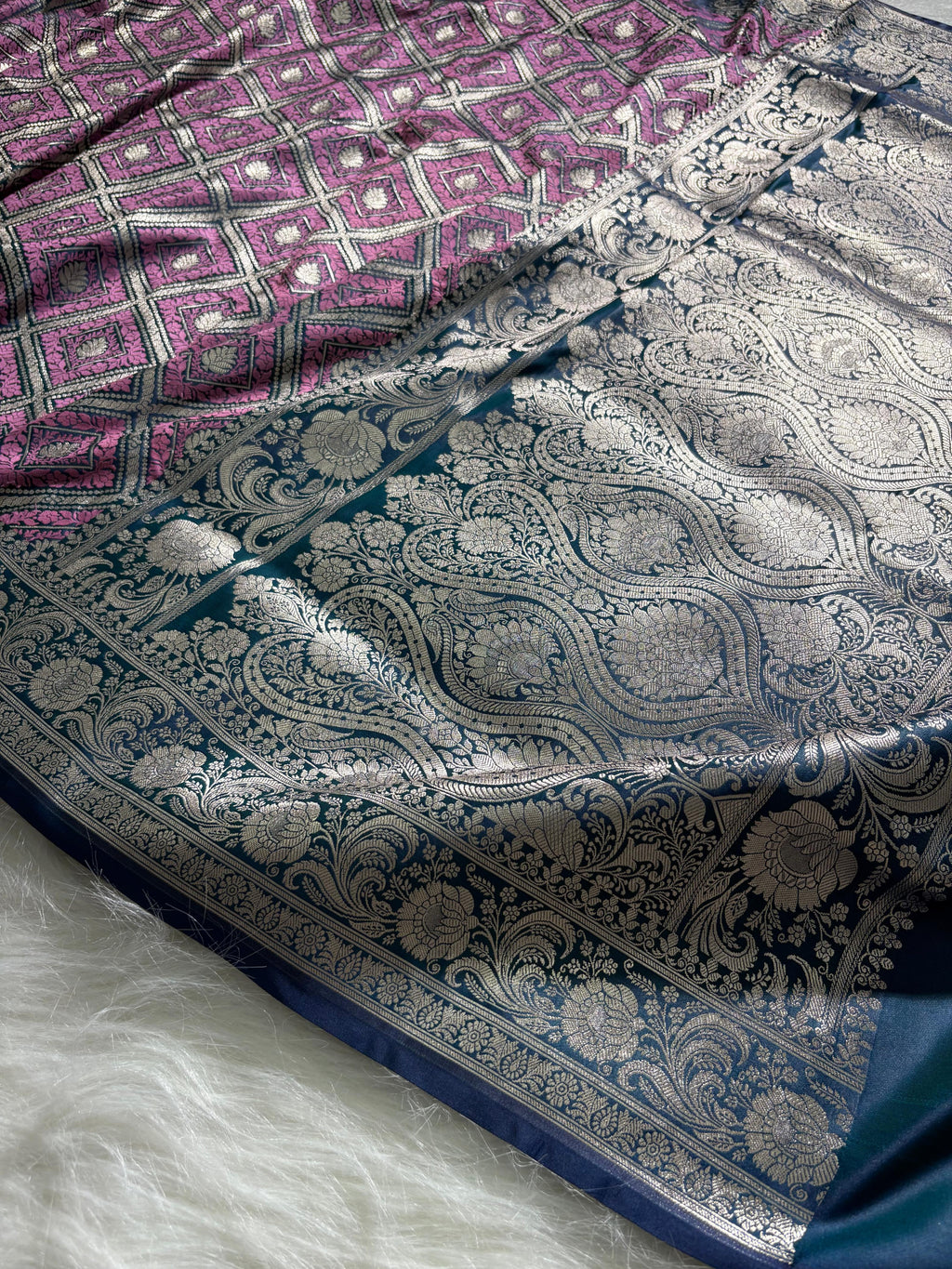 Purple - Navy Blue Mashru Silk in Geometric Jaal Motifs