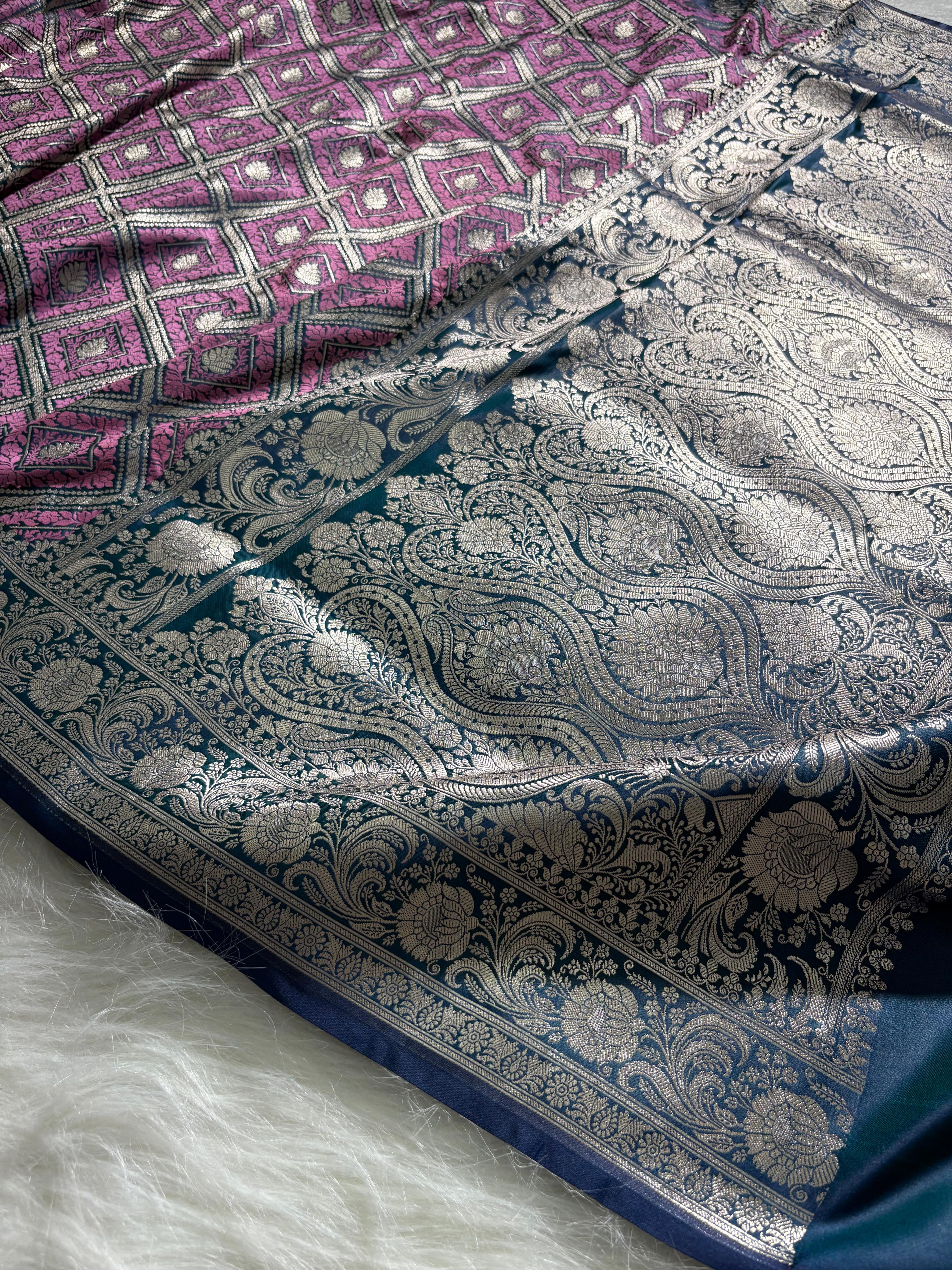 Purple - Navy Blue Mashru Silk in Geometric Jaal Motifs
