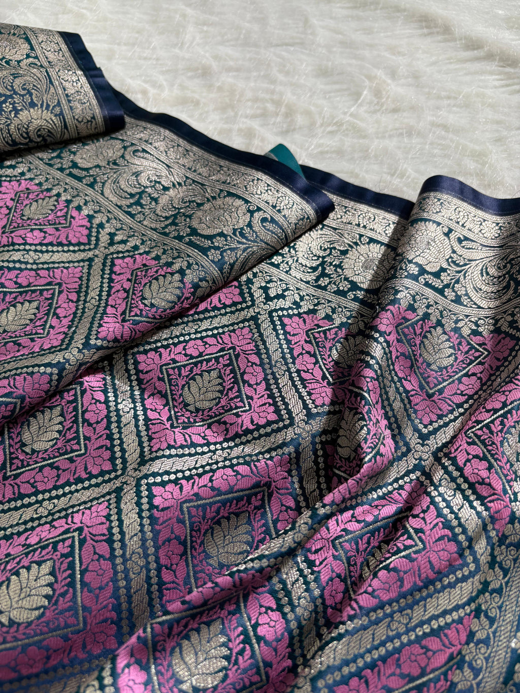 Purple - Navy Blue Mashru Silk in Geometric Jaal Motifs