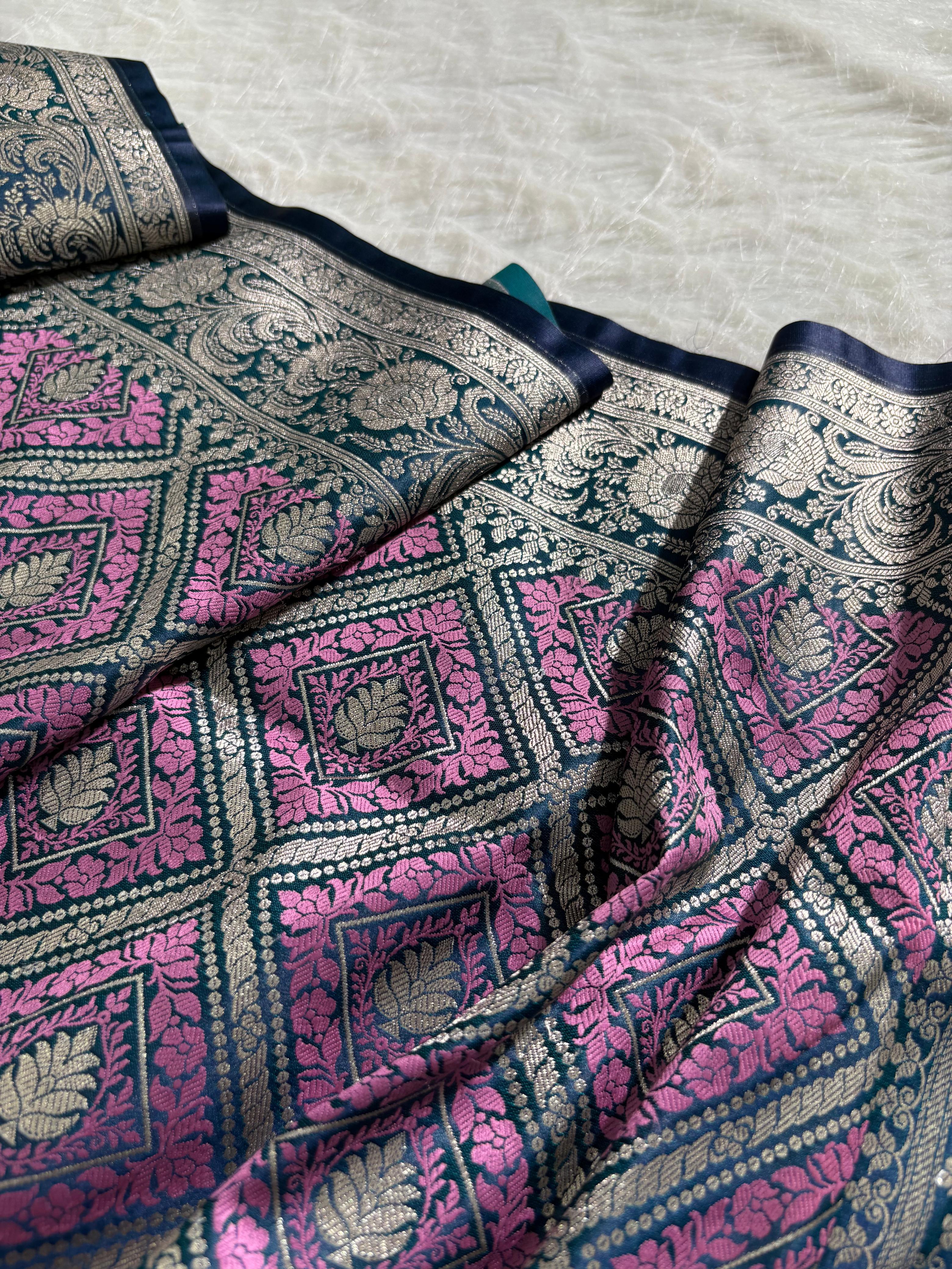 Purple - Navy Blue Mashru Silk in Geometric Jaal Motifs