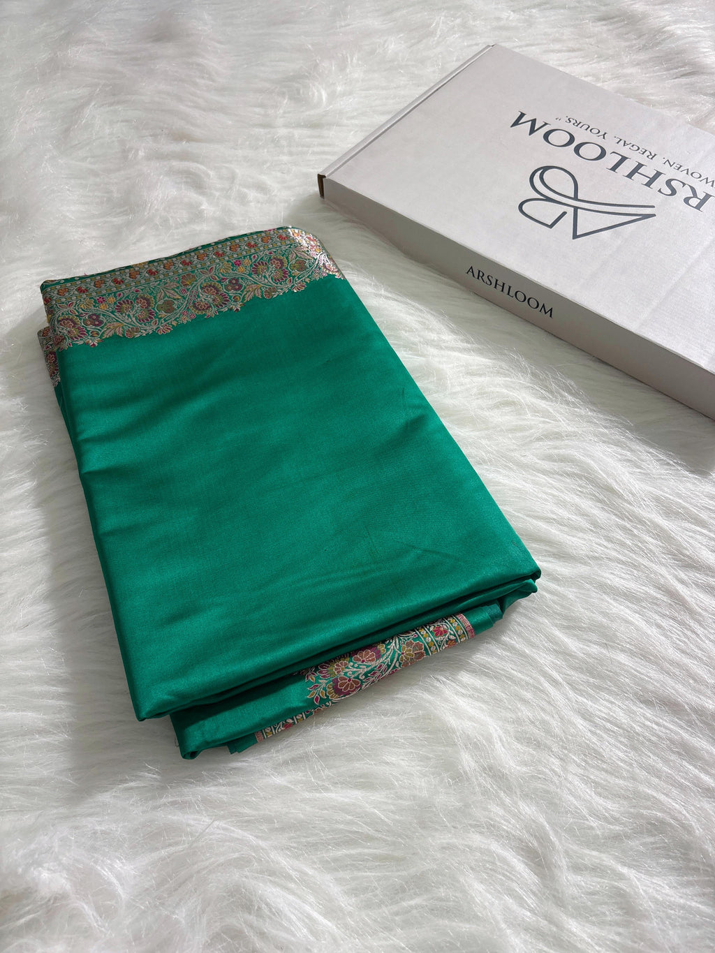 Emerald Green Plain Satin Katan with Minakari border pallu