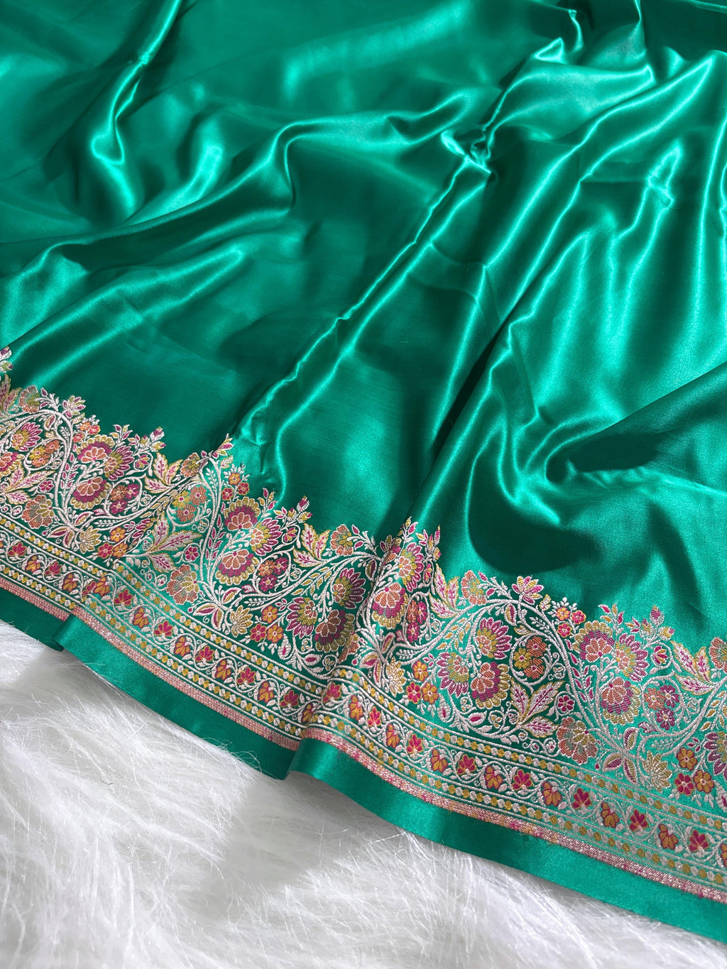 Emerald Green Plain Satin Katan with Minakari border pallu