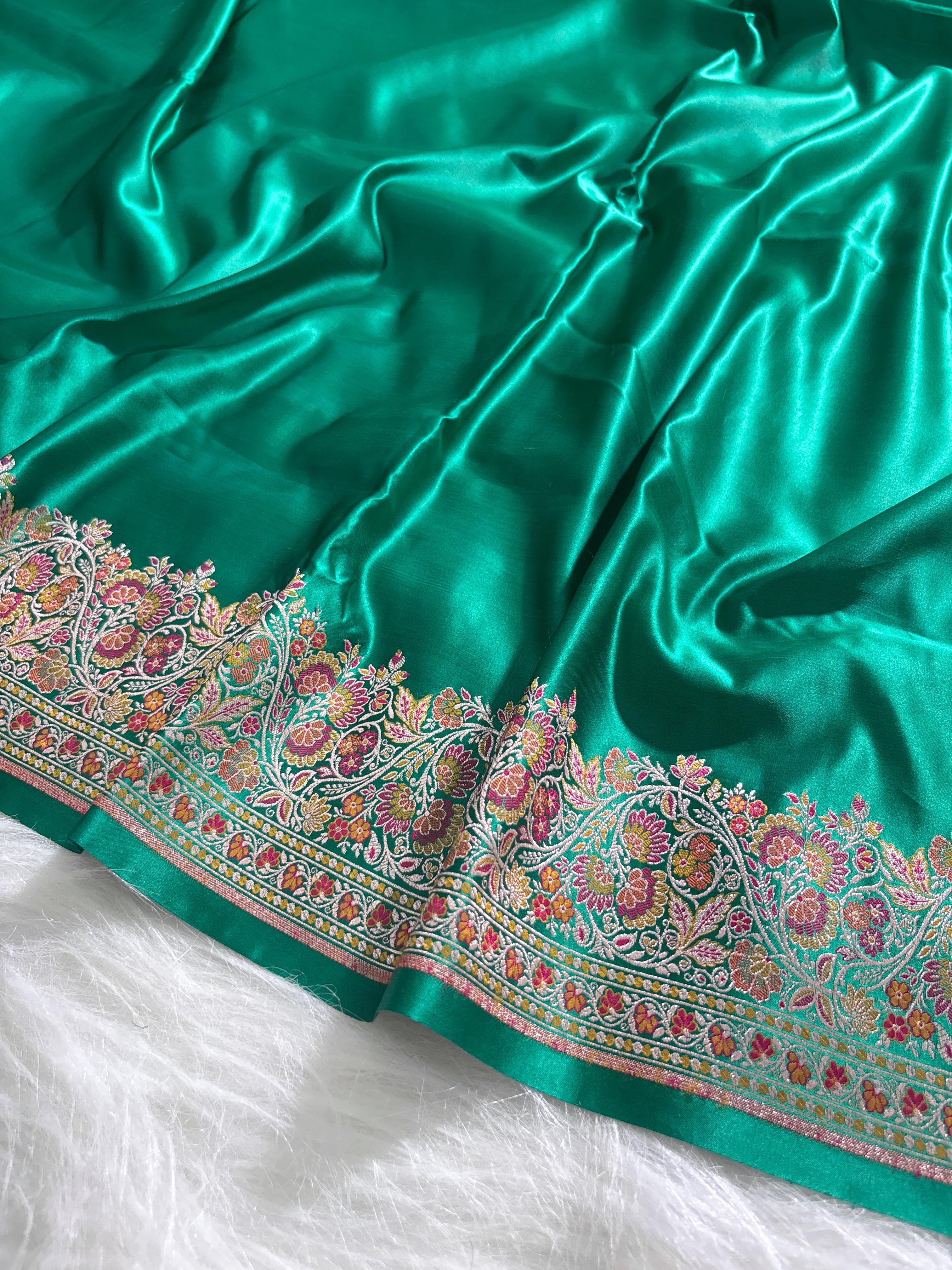 Emerald Green Plain Satin Katan with Minakari border pallu