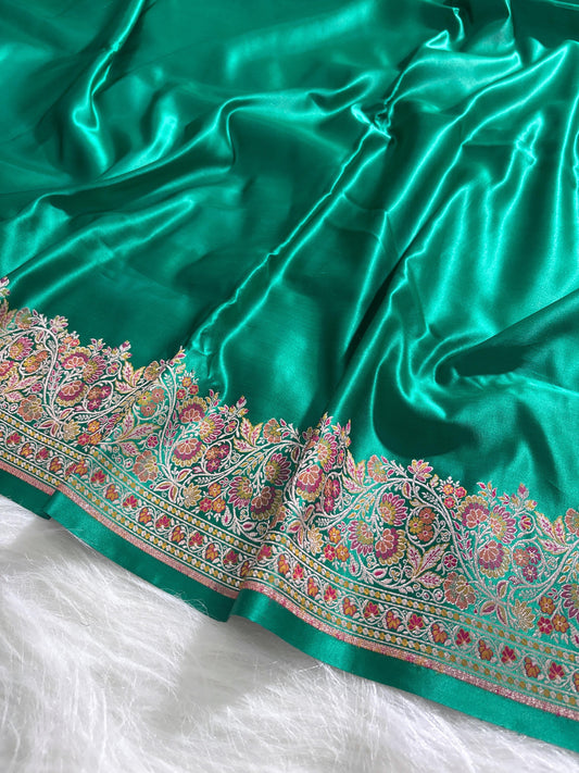 Emerald Green Plain Satin Katan with Minakari border pallu