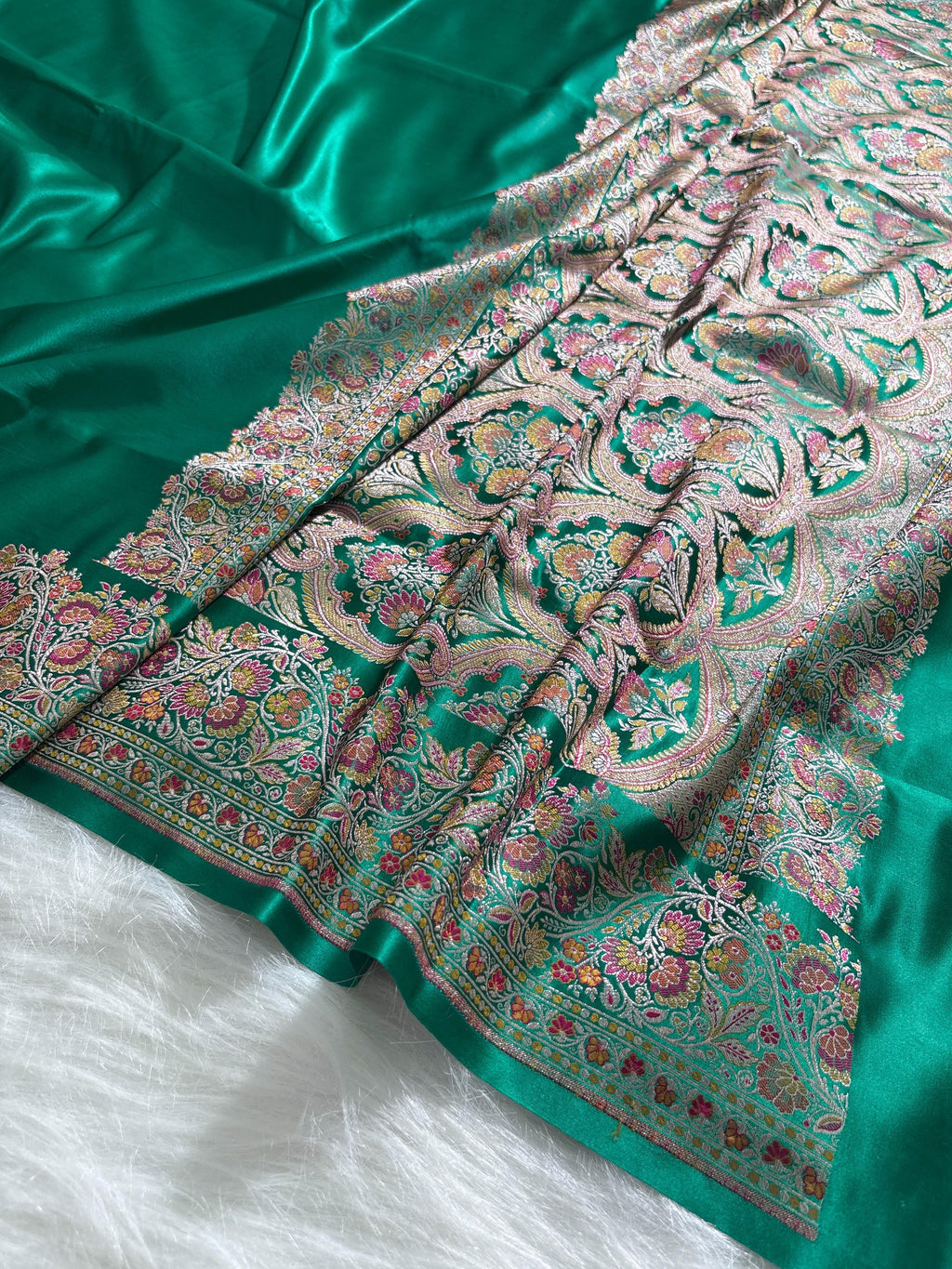 Emerald Green Plain Satin Katan with Minakari border pallu