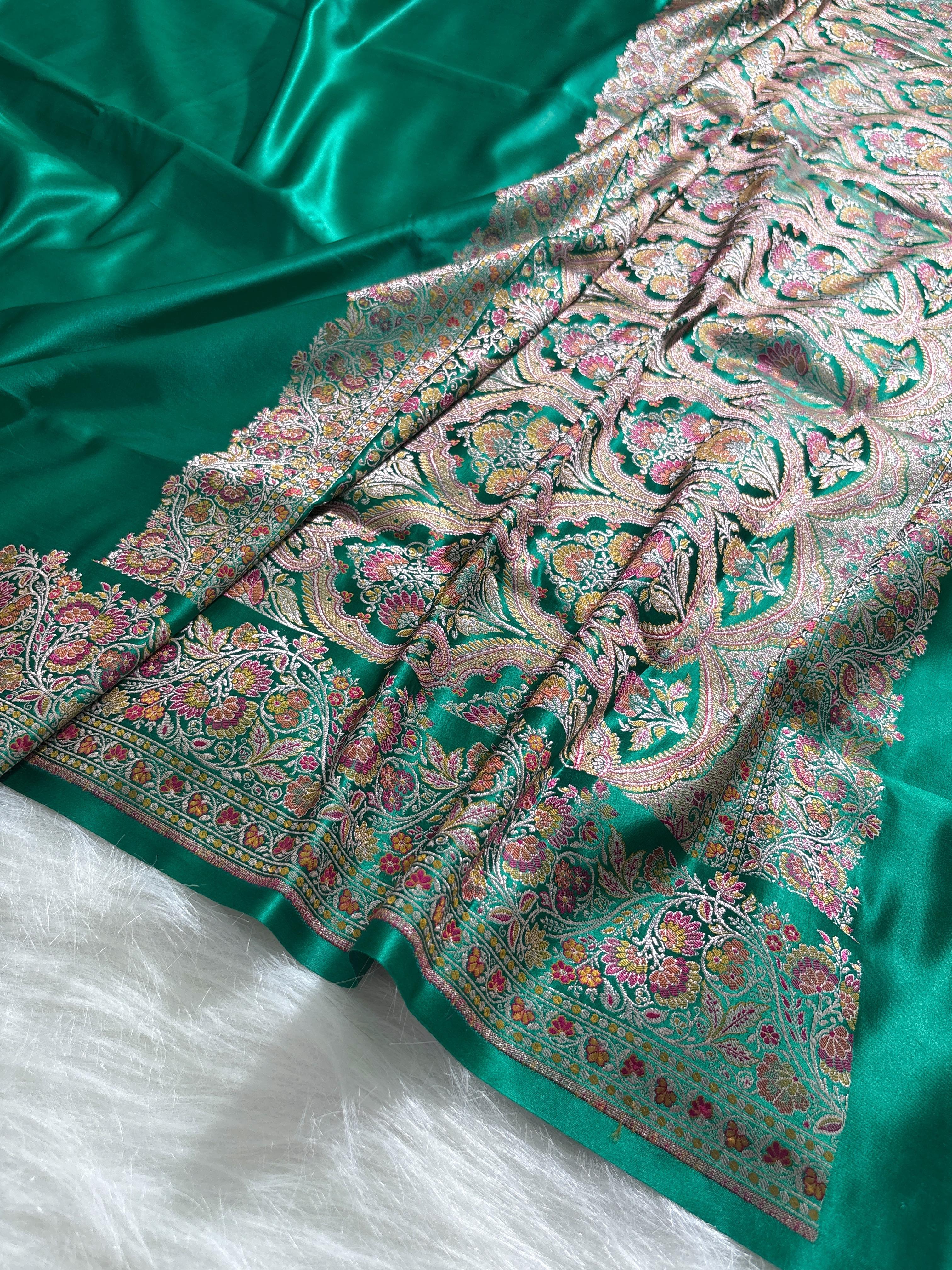 Emerald Green Plain Satin Katan with Minakari border pallu