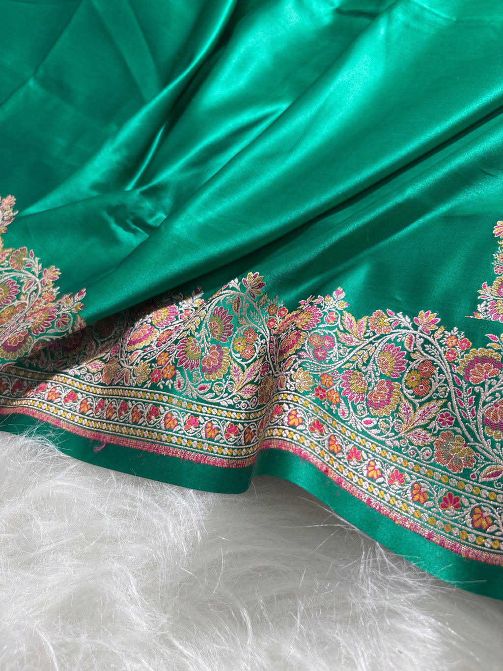 Emerald Green Plain Satin Katan with Minakari border pallu