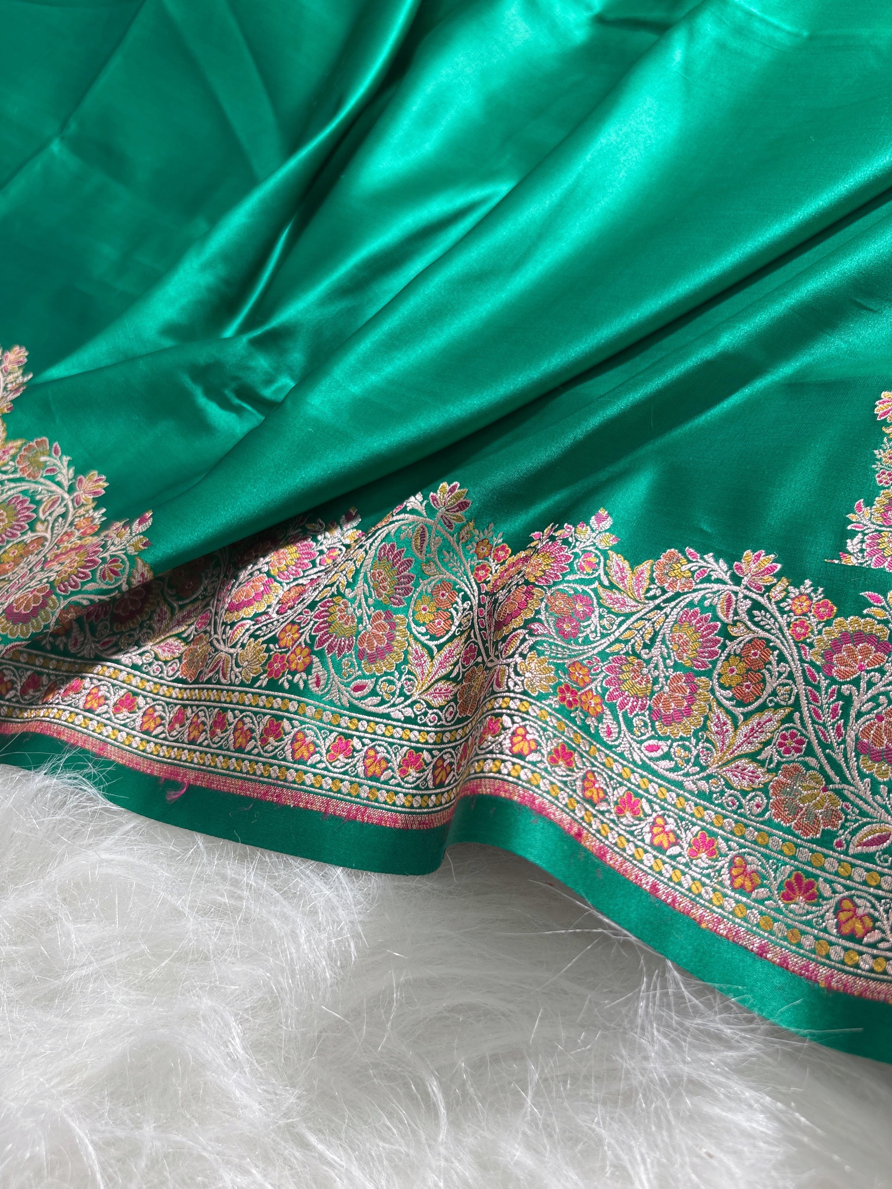 Emerald Green Plain Satin Katan with Minakari border pallu