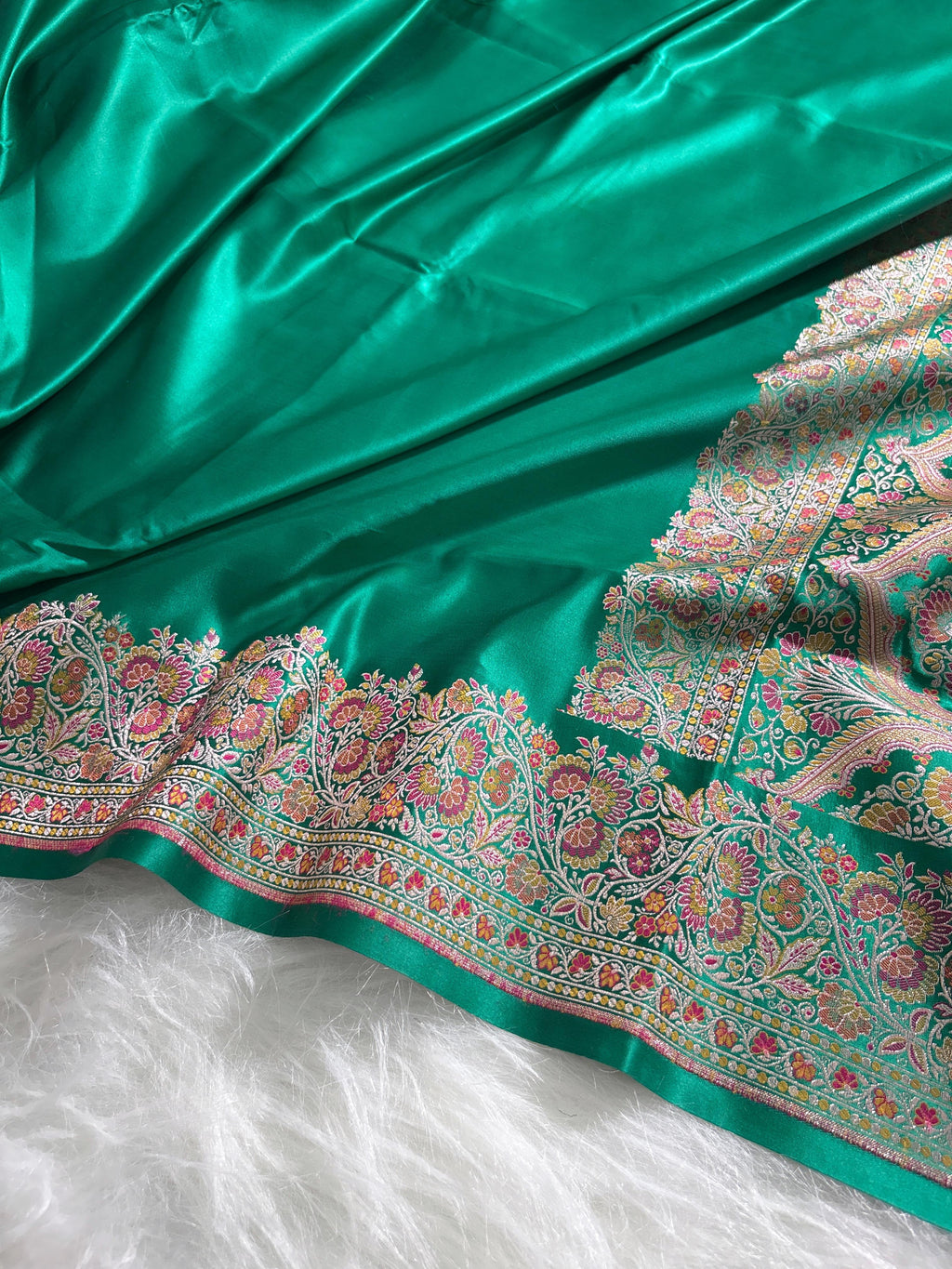 Emerald Green Plain Satin Katan with Minakari border pallu