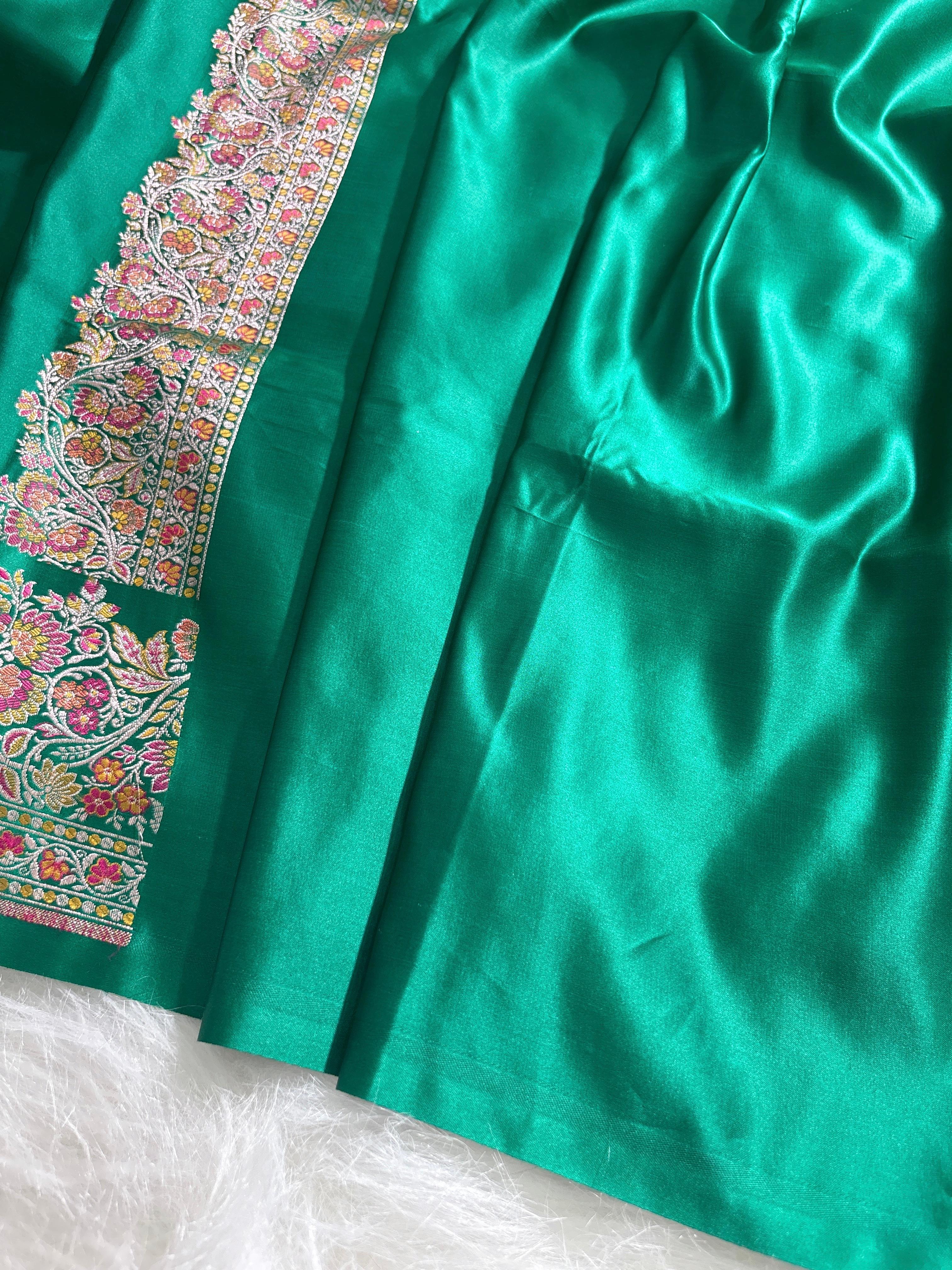 Emerald Green Plain Satin Katan with Minakari border pallu