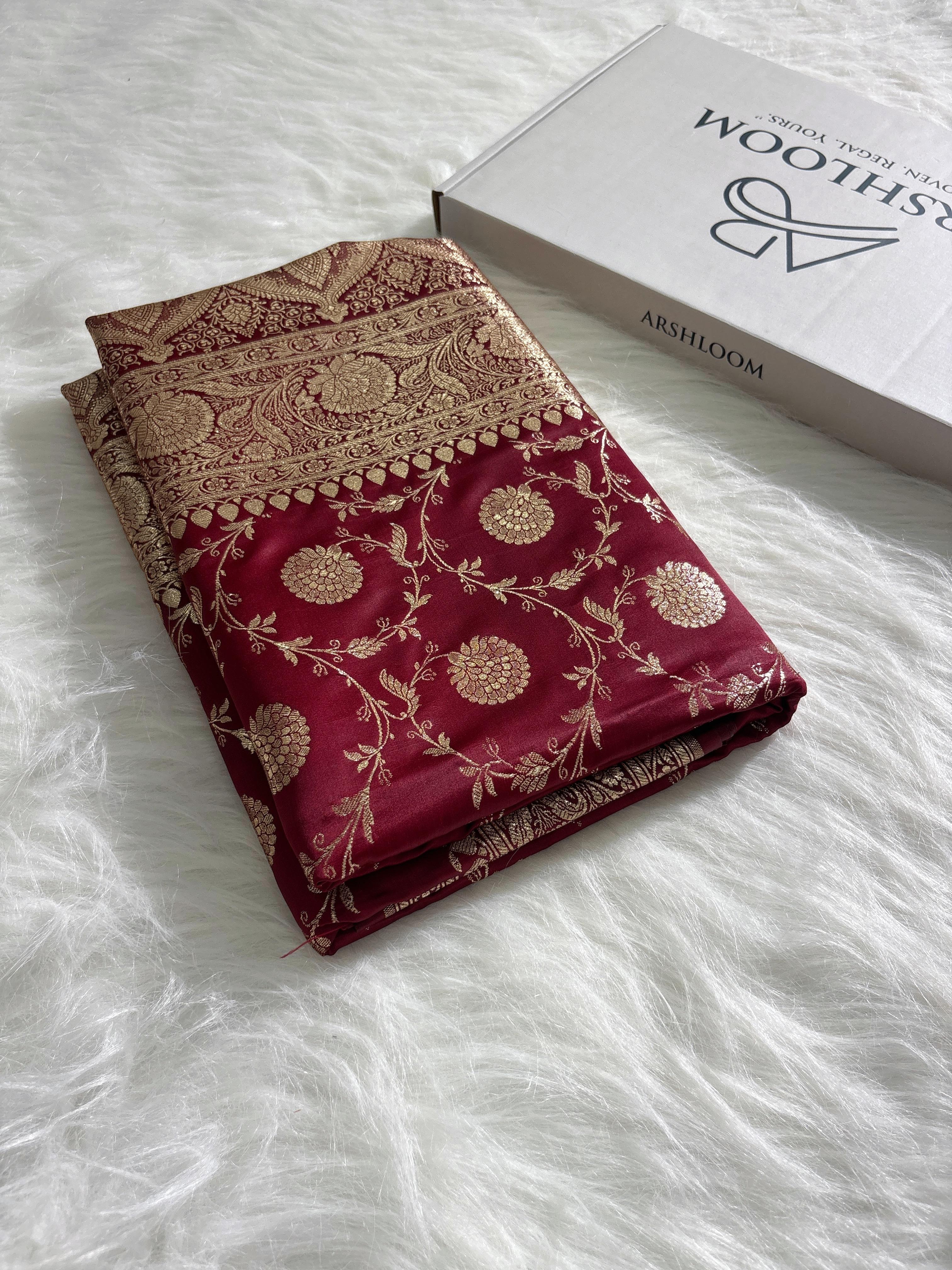 Maroon Floral Jaal Pattern Satin Katan Silk Saree
