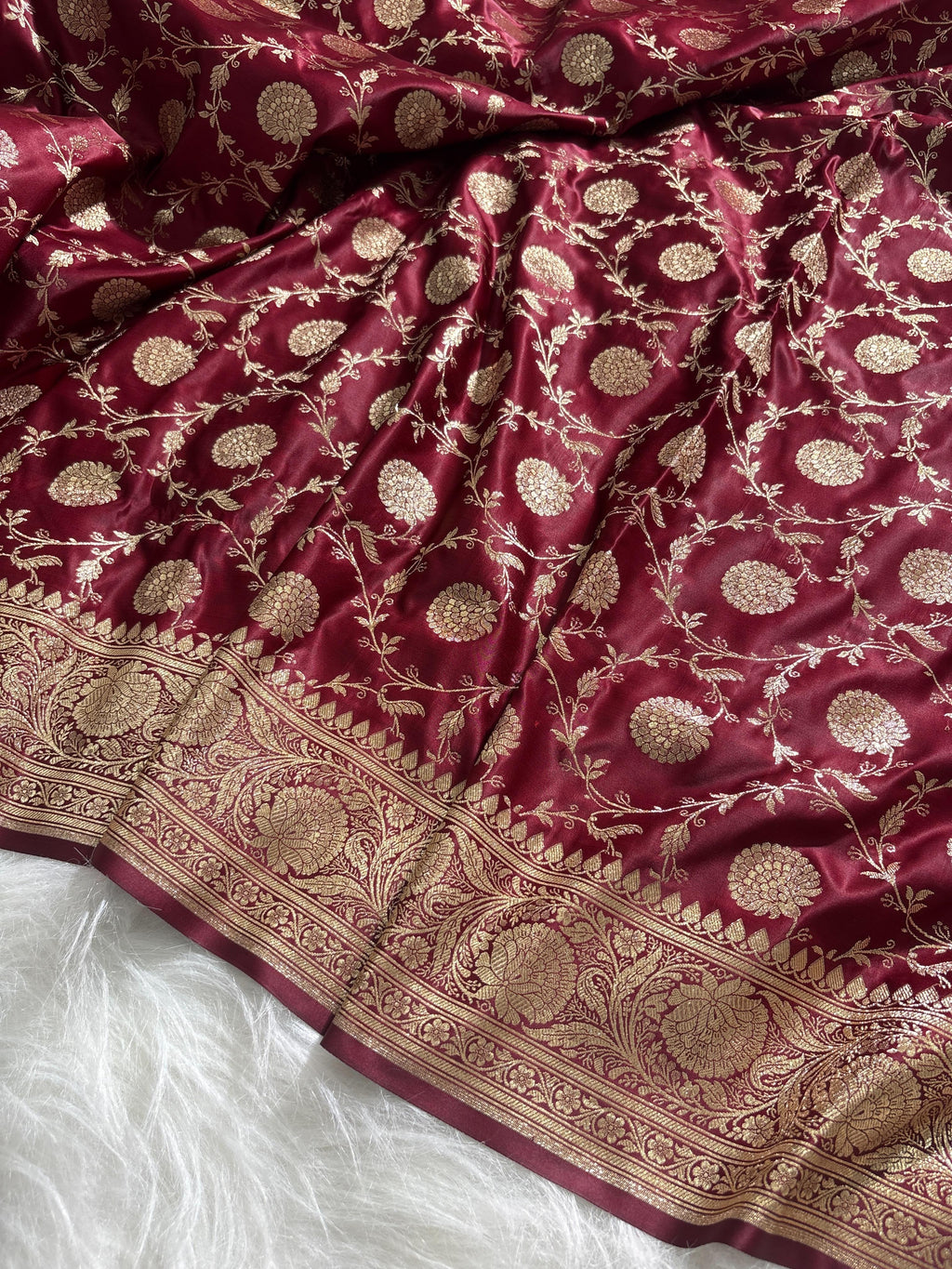 Maroon Floral Jaal Pattern Satin Katan Silk Saree