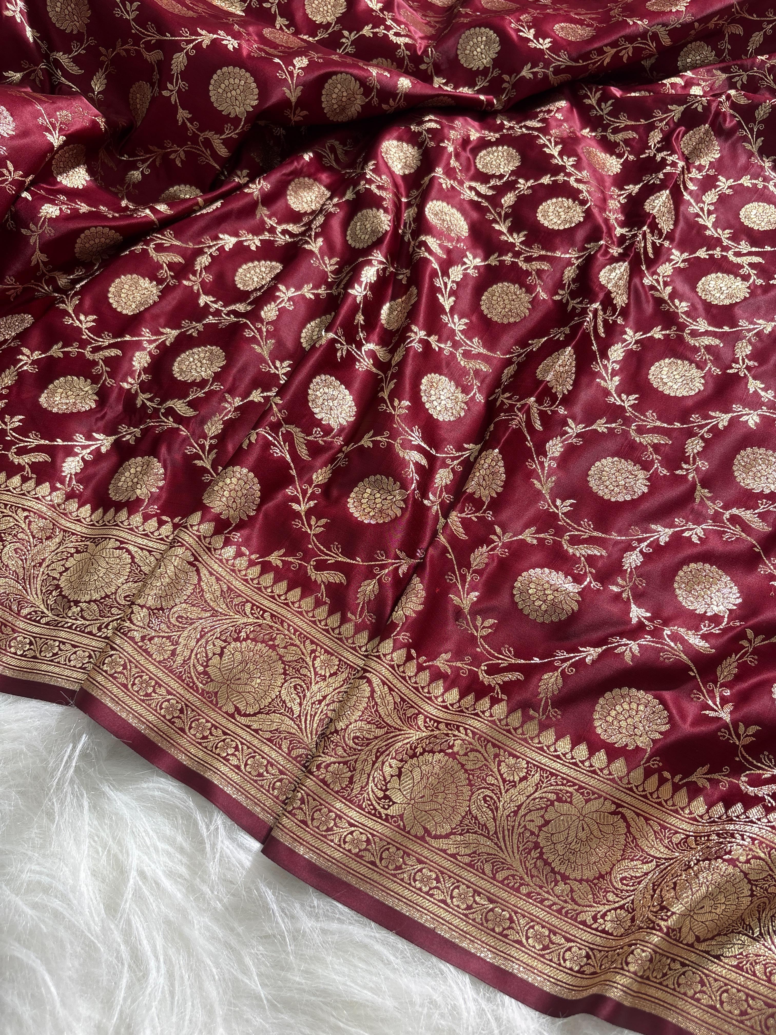 Maroon Floral Jaal Pattern Satin Katan Silk Saree