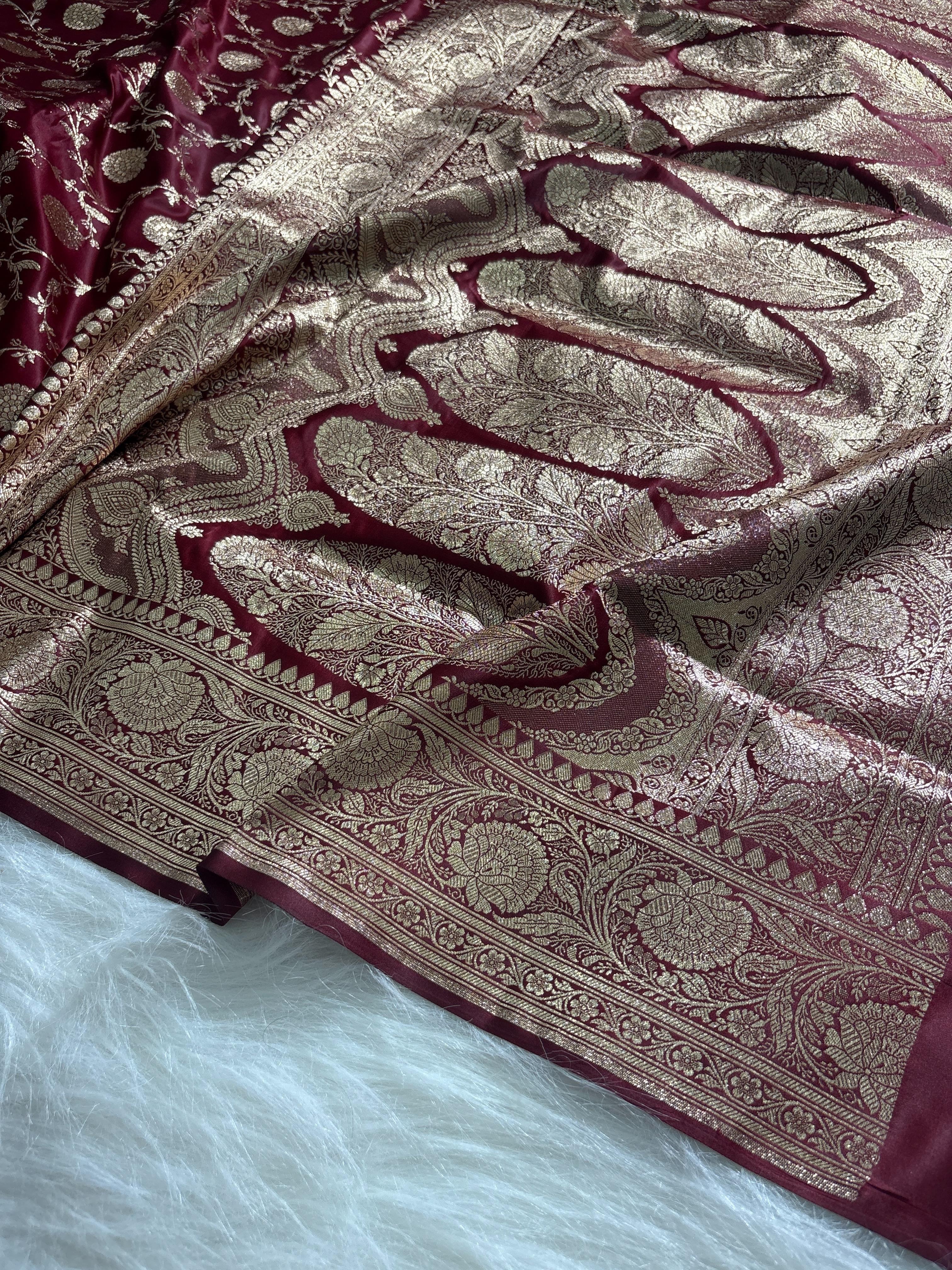 Maroon Floral Jaal Pattern Satin Katan Silk Saree