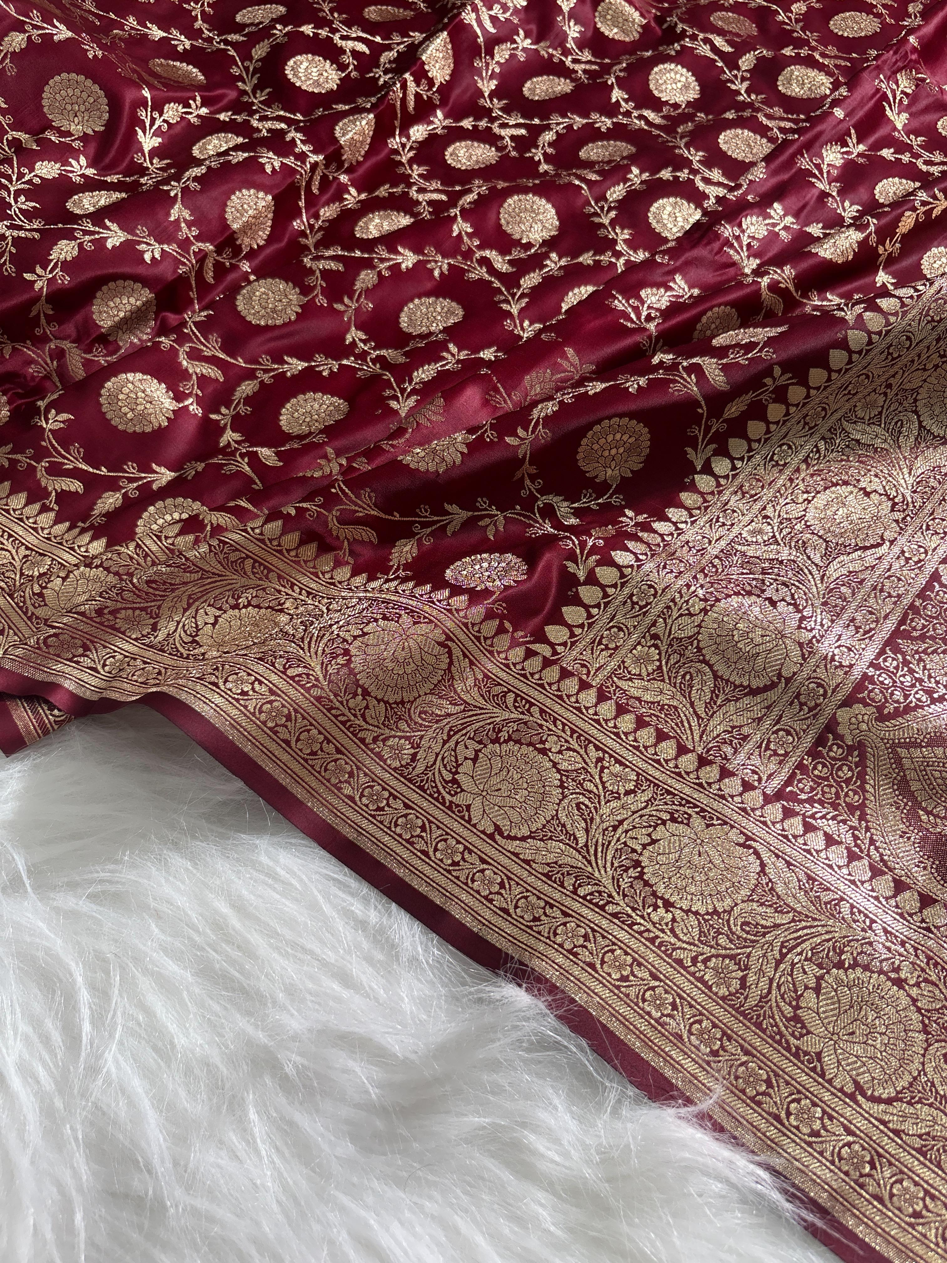 Maroon Floral Jaal Pattern Satin Katan Silk Saree