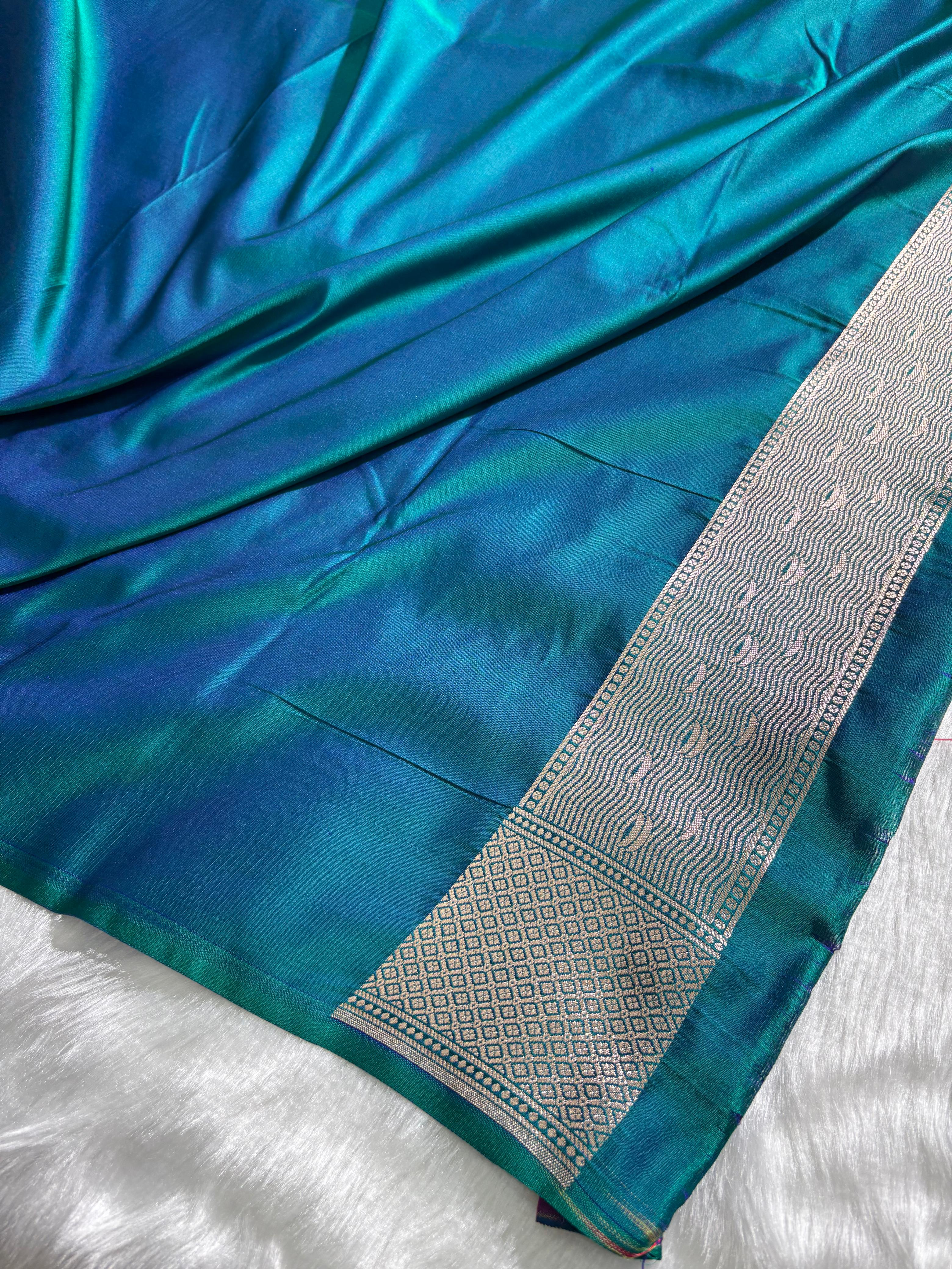 Banarasi Ghat Pattern Teal Blue Satin Katan Silk Saree