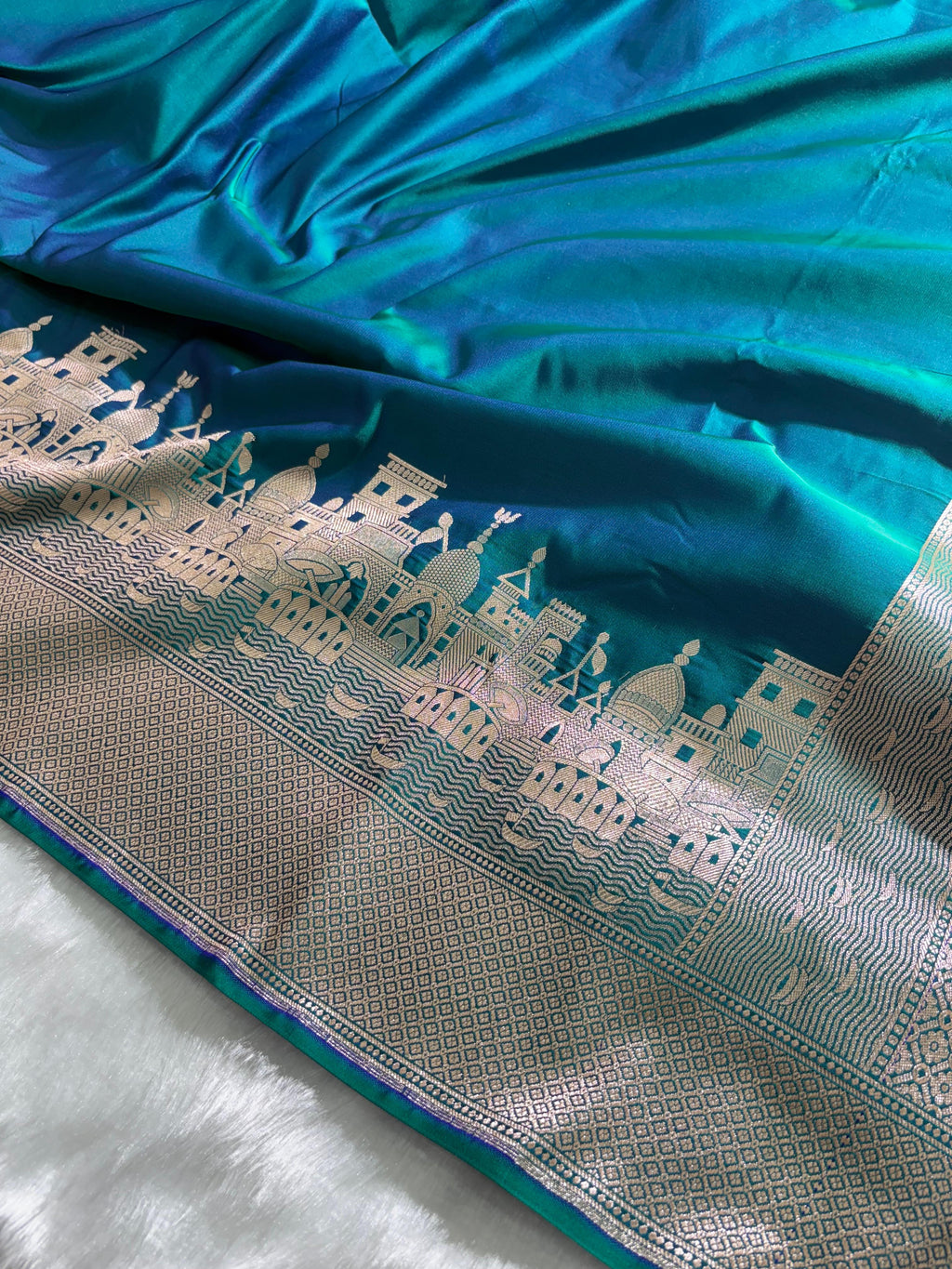 Banarasi Ghat Pattern Teal Blue Satin Katan Silk Saree