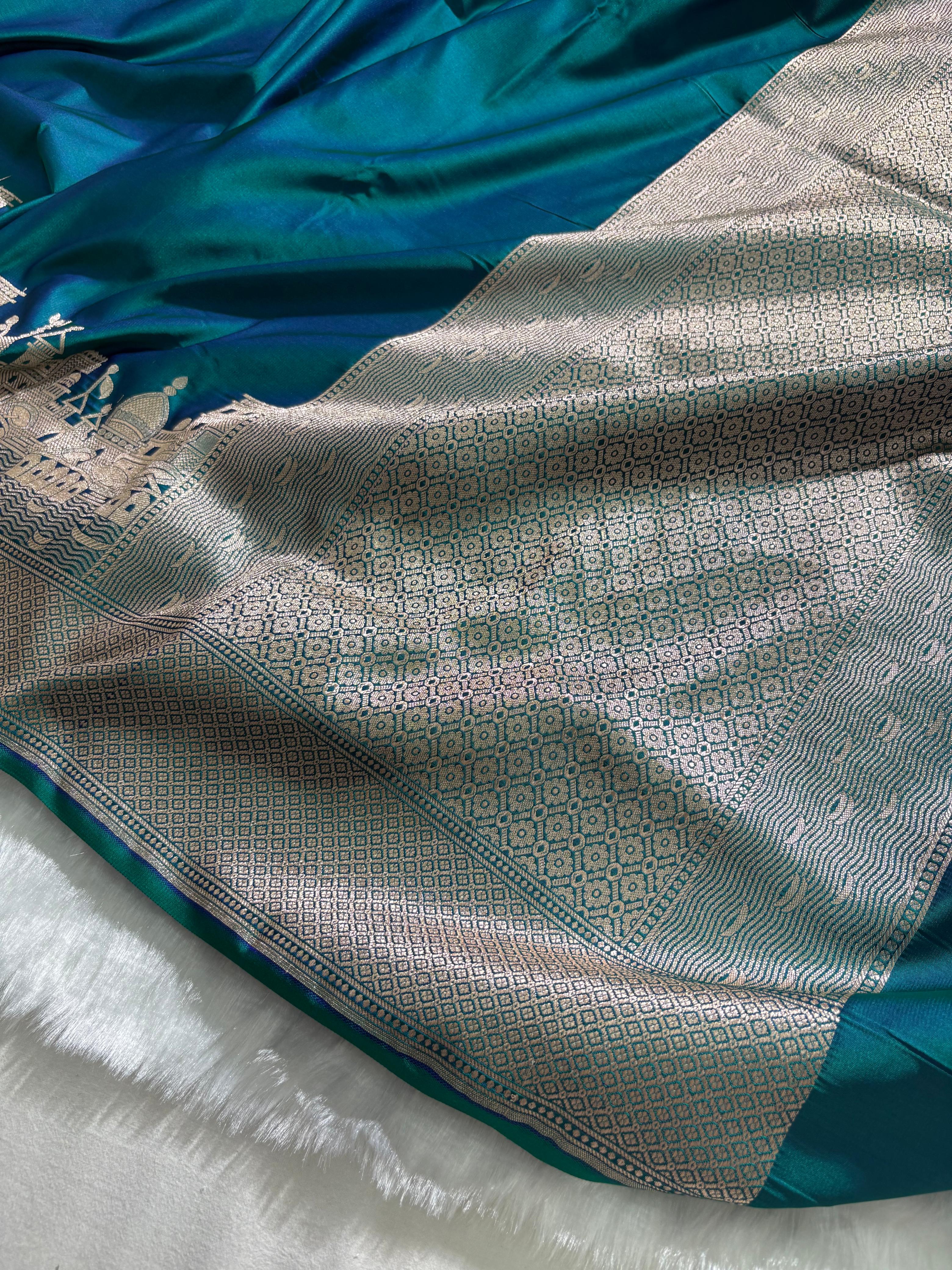 Banarasi Ghat Pattern Teal Blue Satin Katan Silk Saree