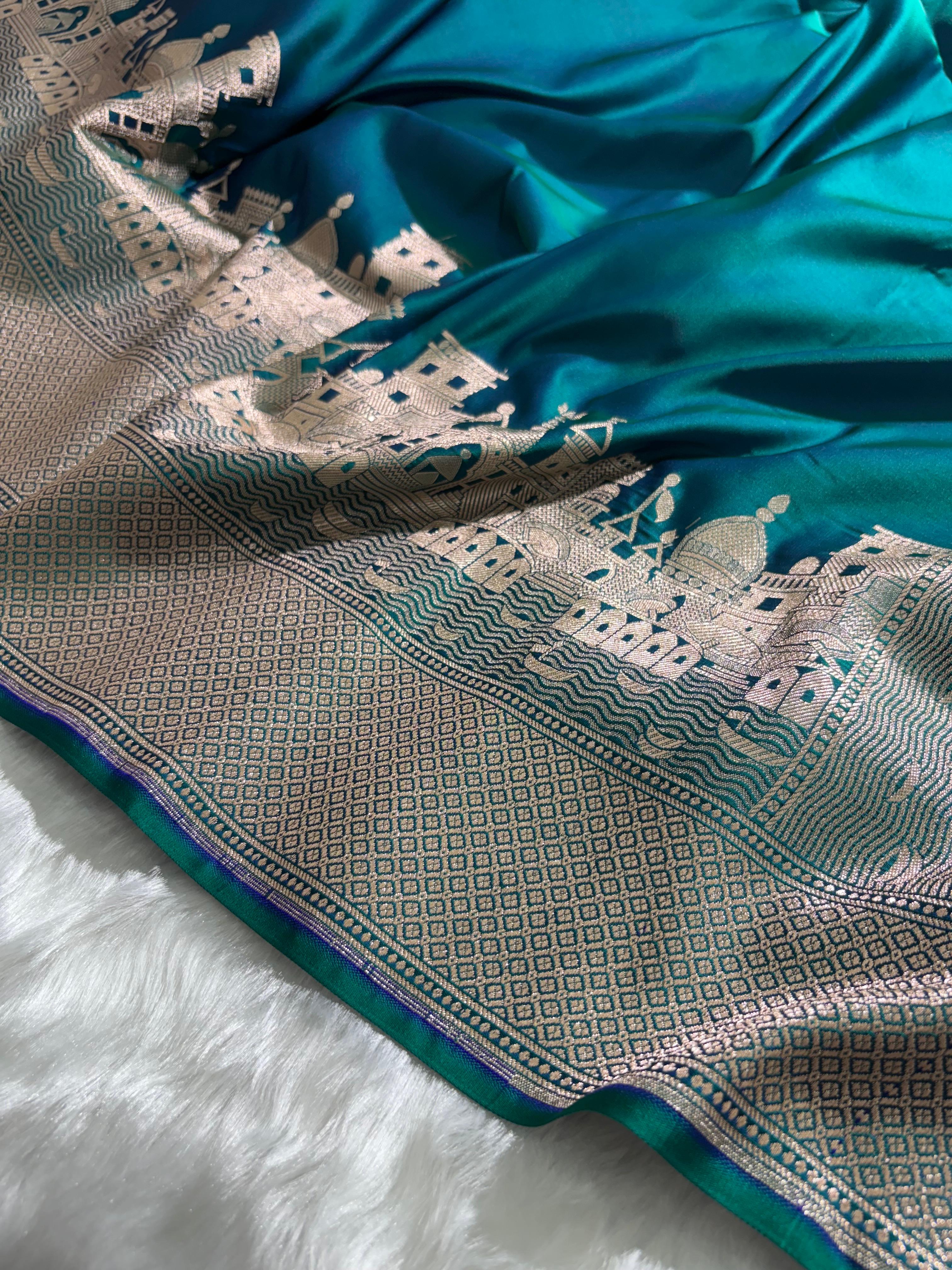 Banarasi Ghat Pattern Teal Blue Satin Katan Silk Saree
