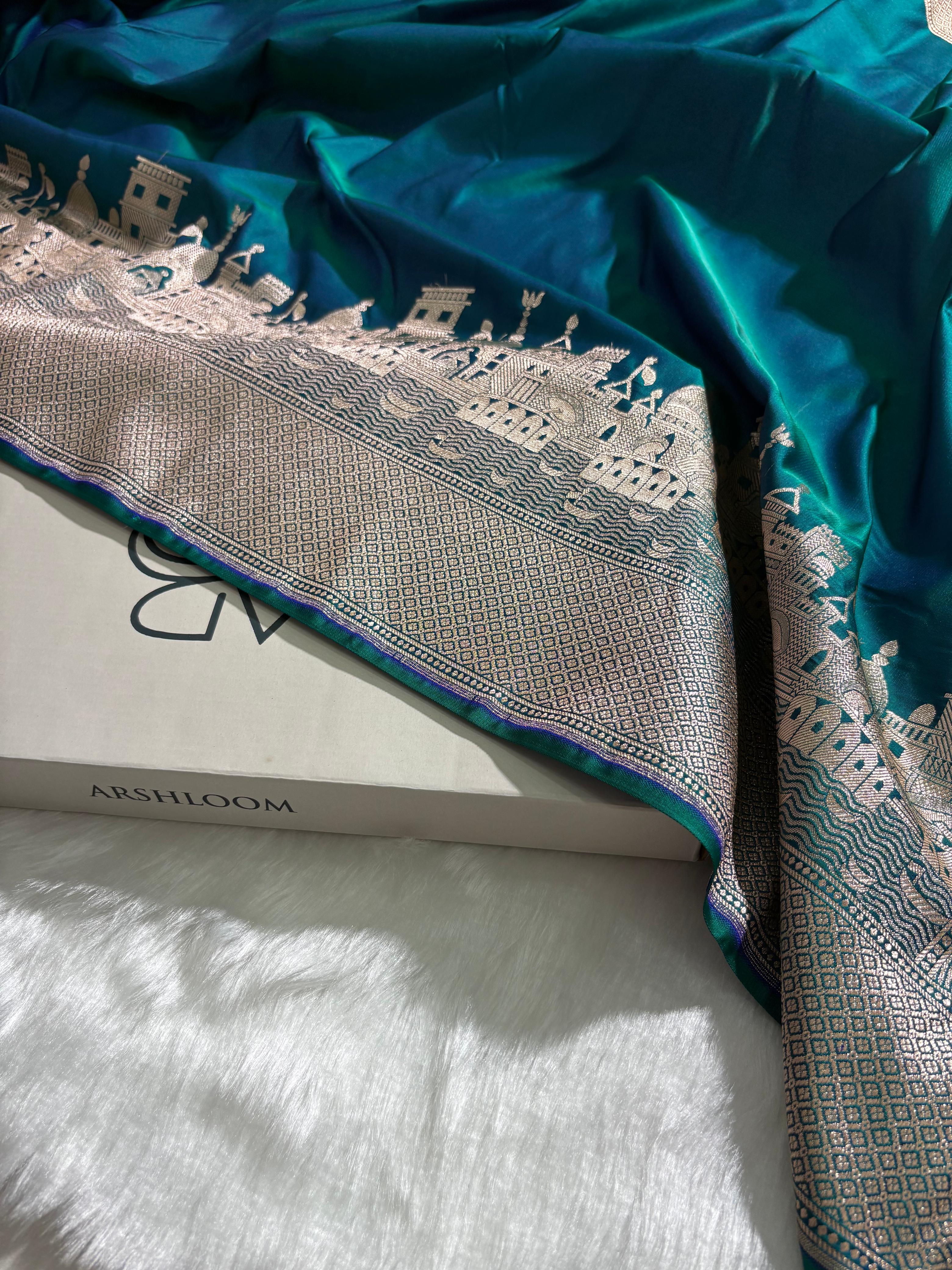 Banarasi Ghat Pattern Teal Blue Satin Katan Silk Saree