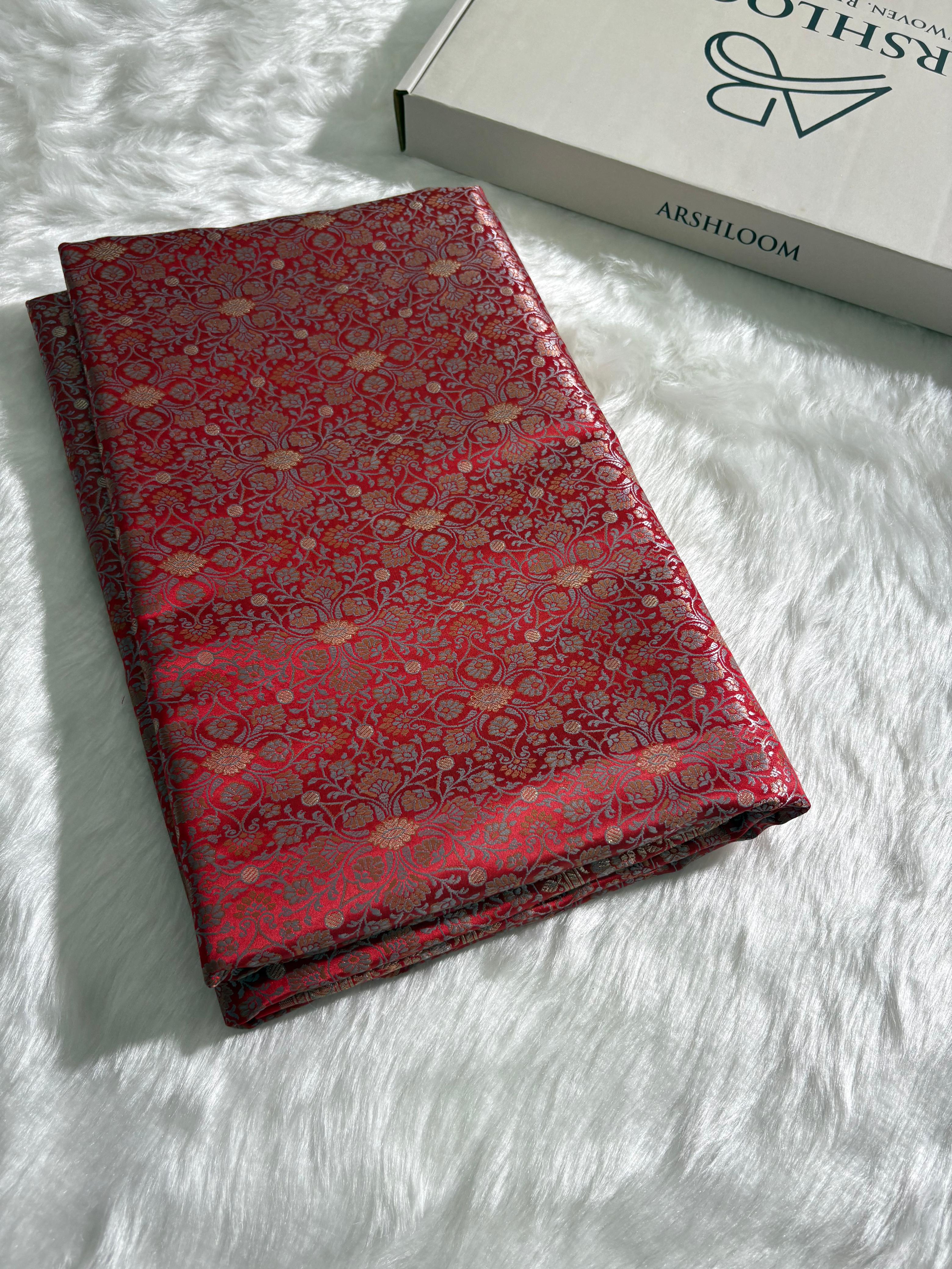 Crimson Red Contrast Jamawar Tanchoi Katan Silk Saree