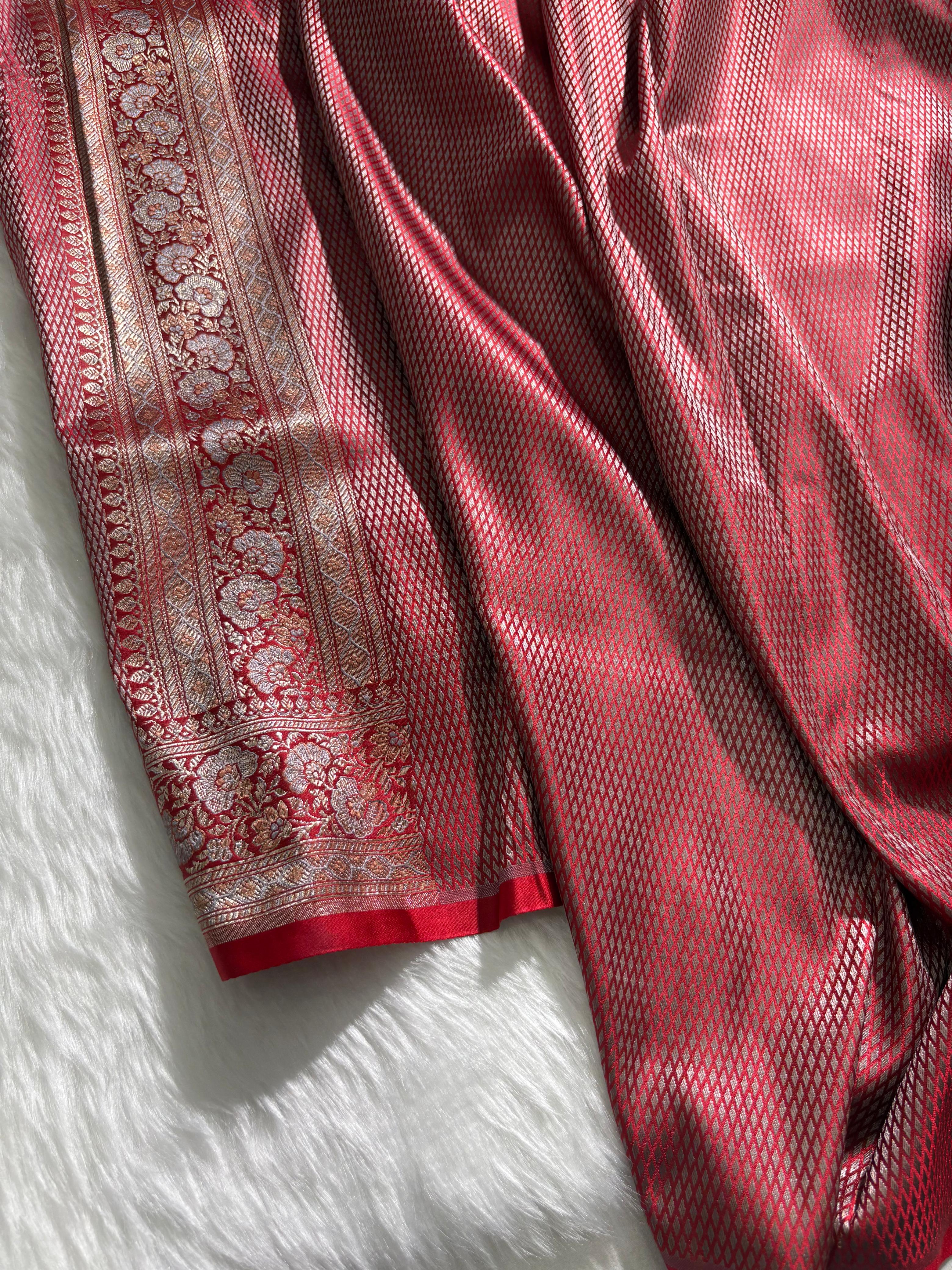 Crimson Red Contrast Jamawar Tanchoi Katan Silk Saree