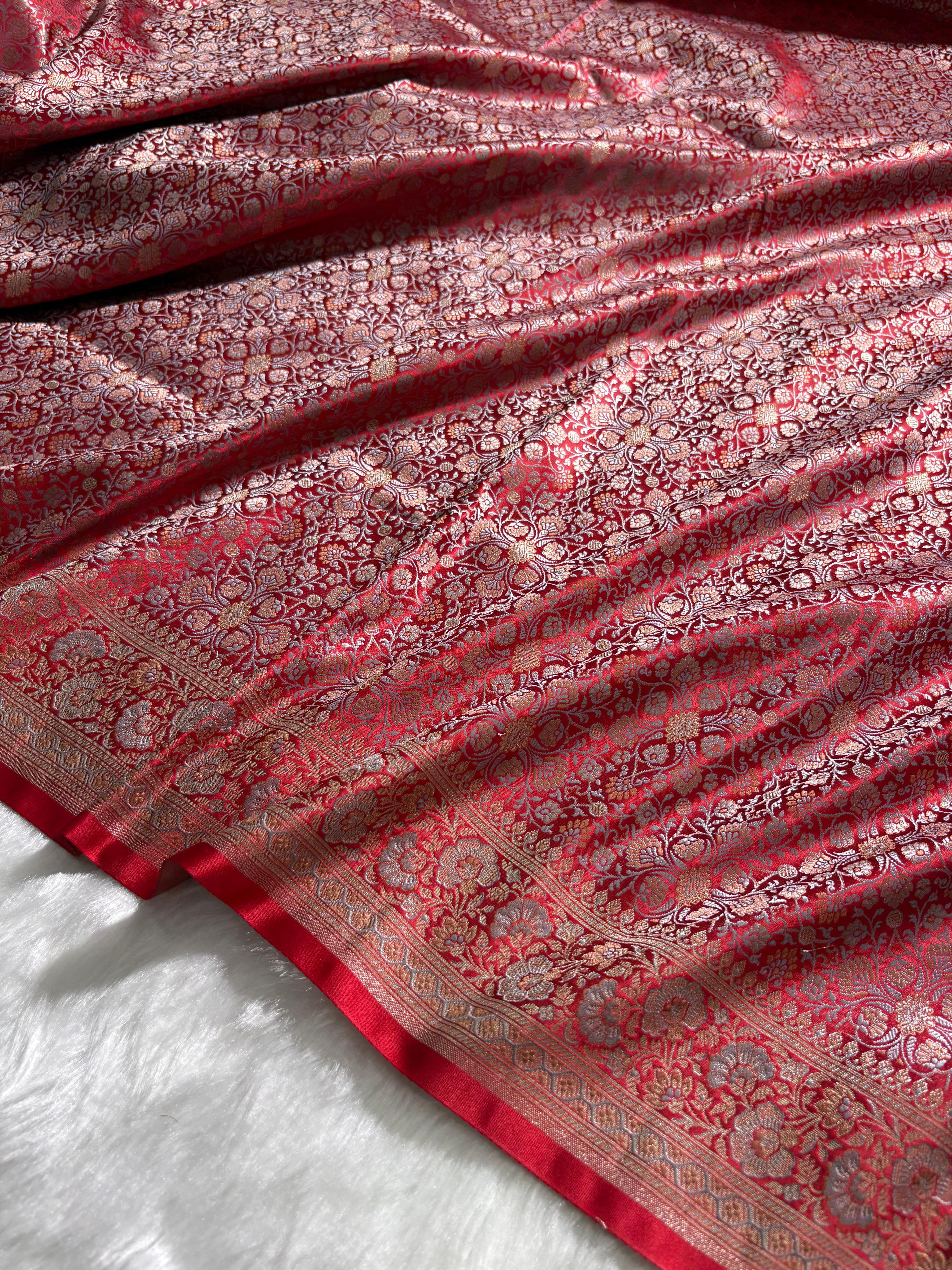 Crimson Red Contrast Jamawar Tanchoi Katan Silk Saree