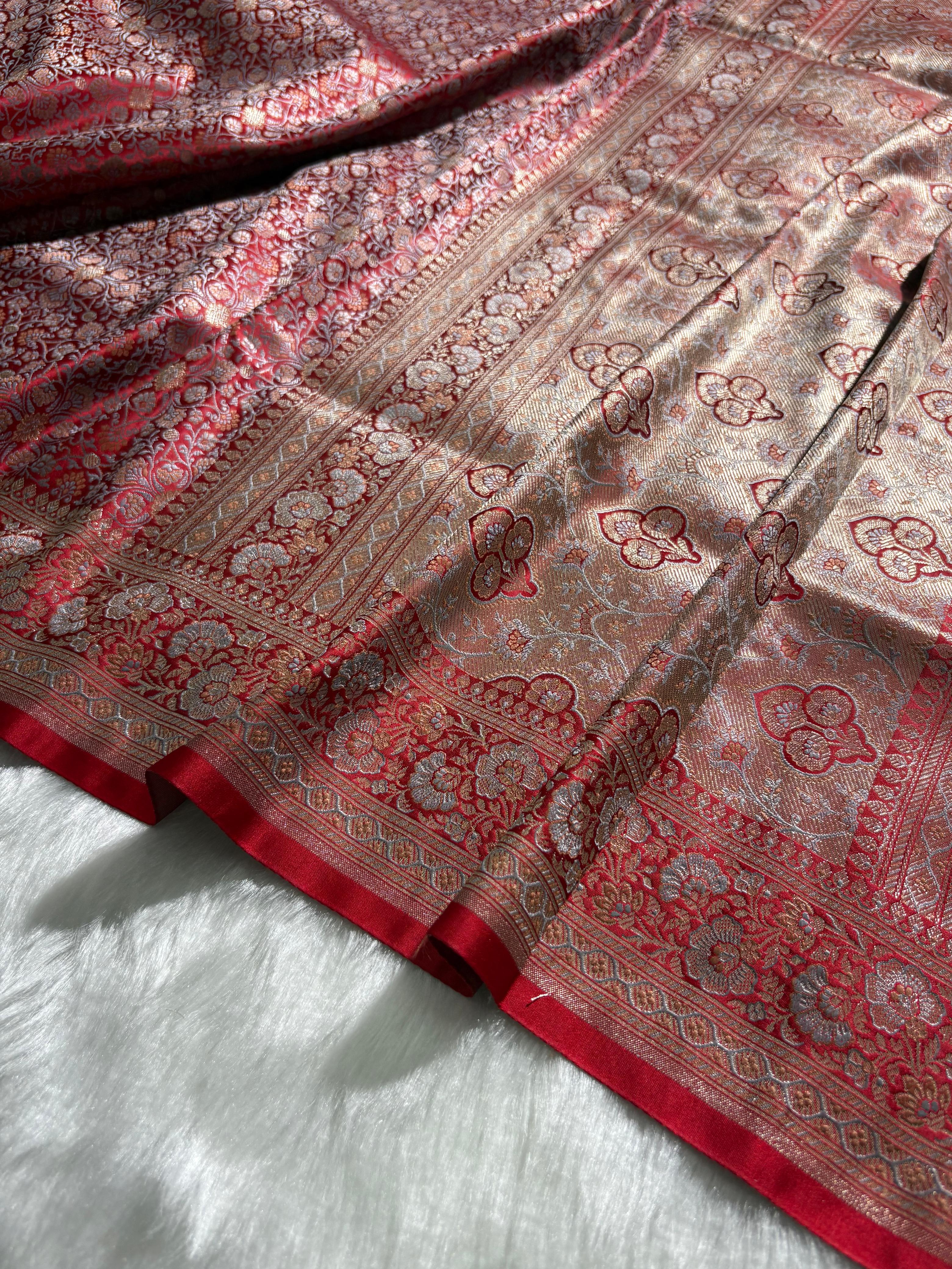 Crimson Red Contrast Jamawar Tanchoi Katan Silk Saree