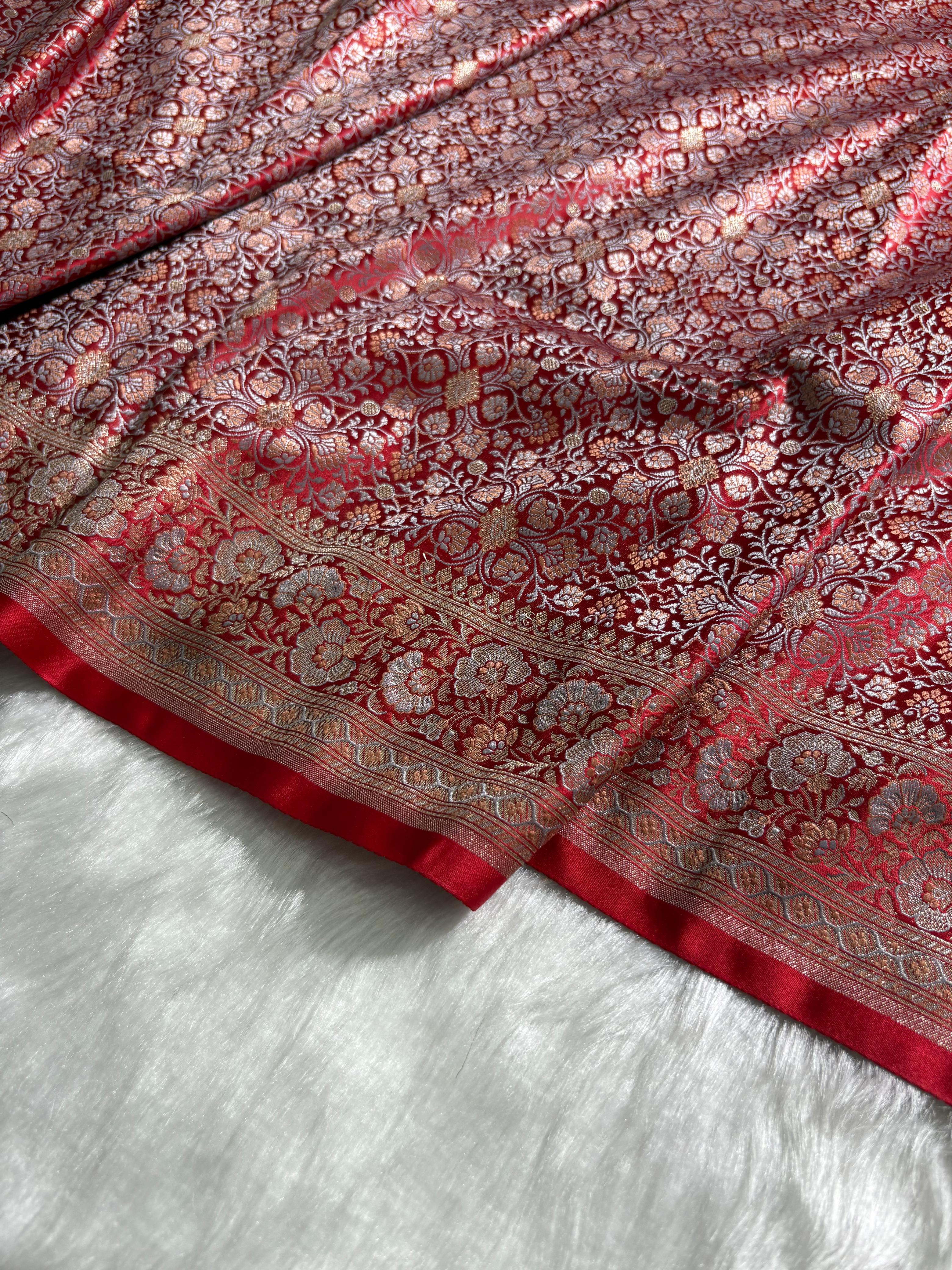 Crimson Red Contrast Jamawar Tanchoi Katan Silk Saree