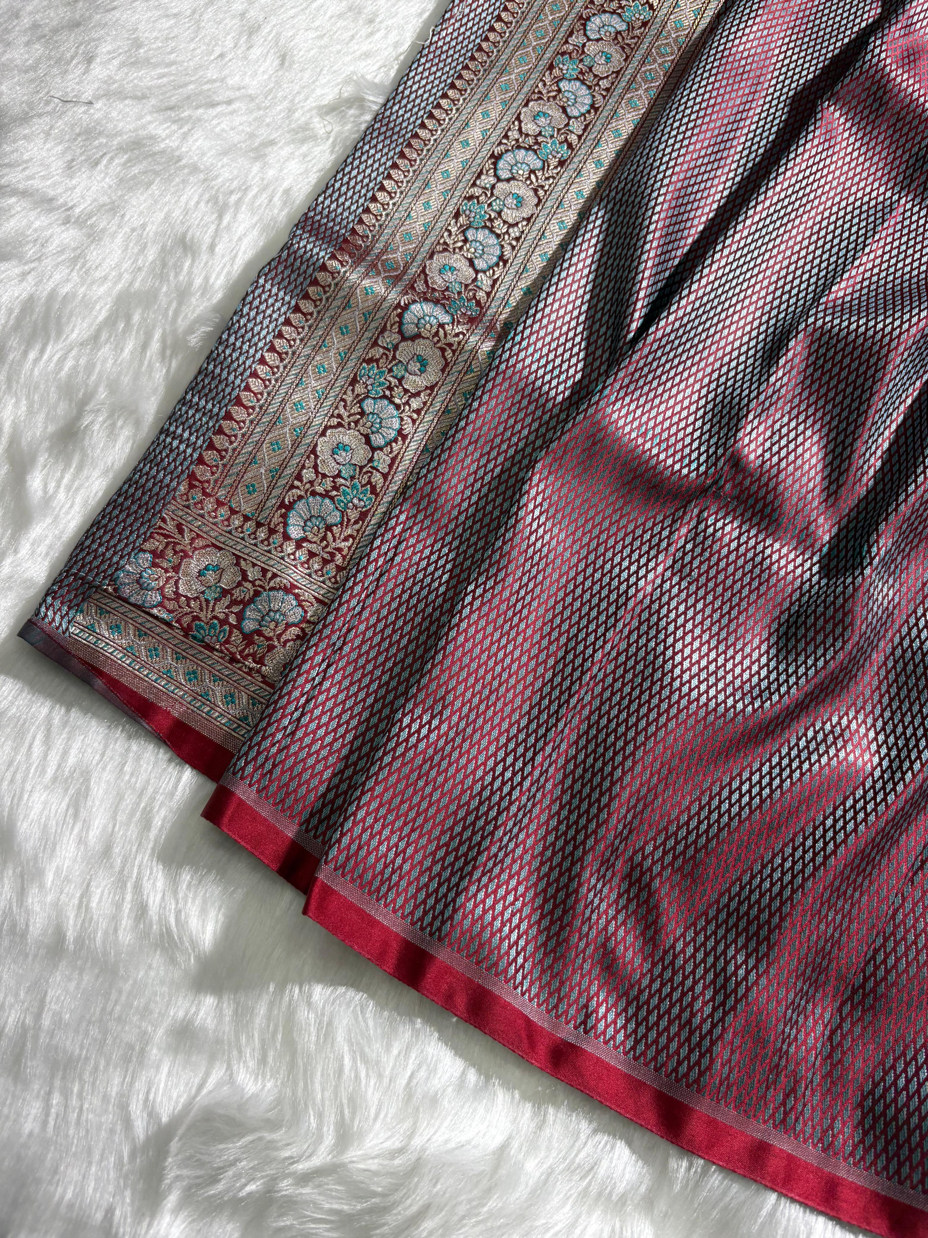 Wine - Teal Jamawar Tanchoi Katan Silk Saree