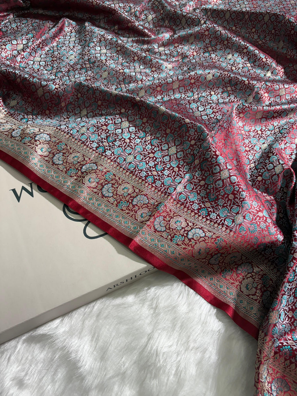 Wine - Teal Jamawar Tanchoi Katan Silk Saree