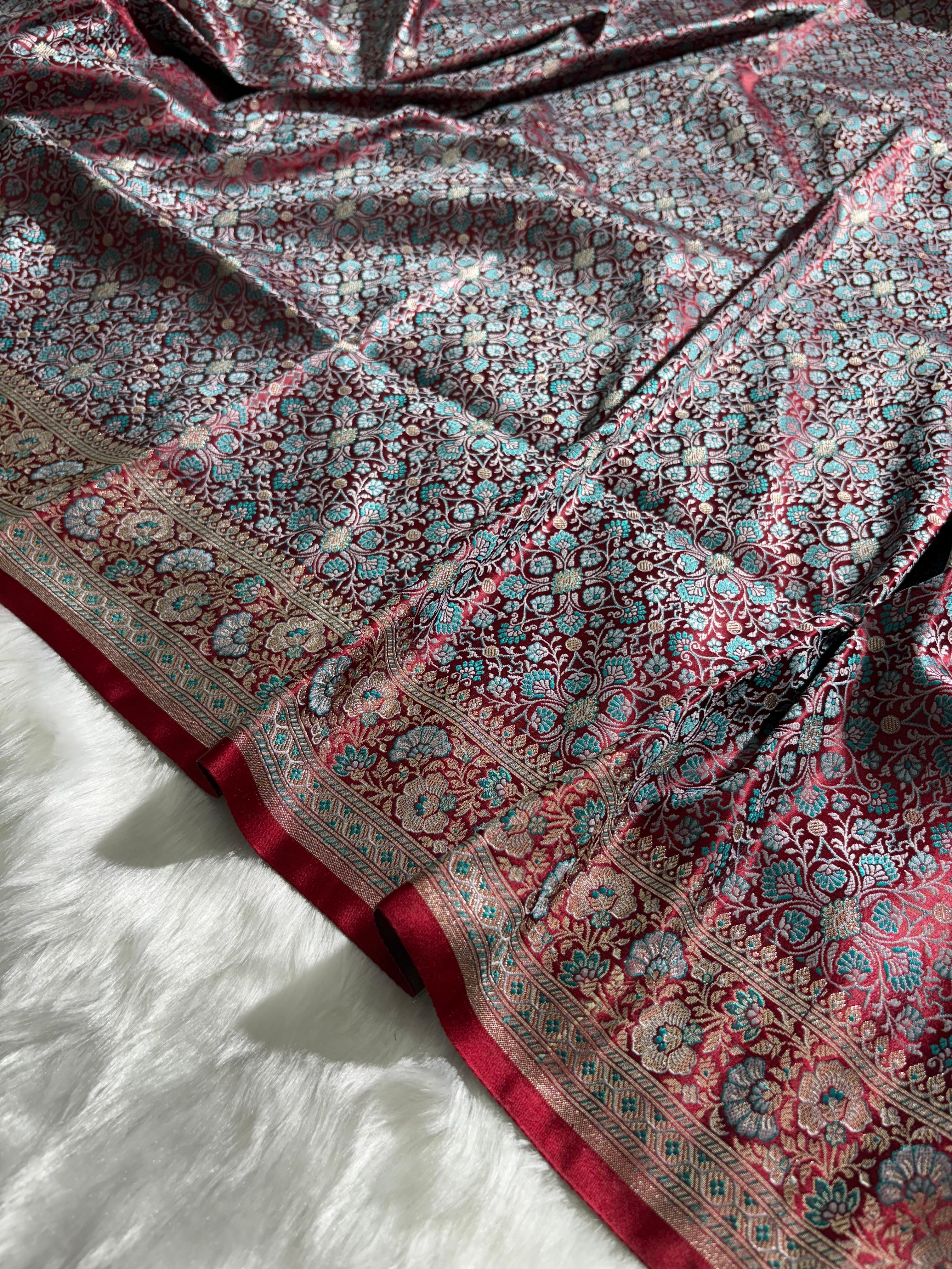 Wine - Teal Jamawar Tanchoi Katan Silk Saree