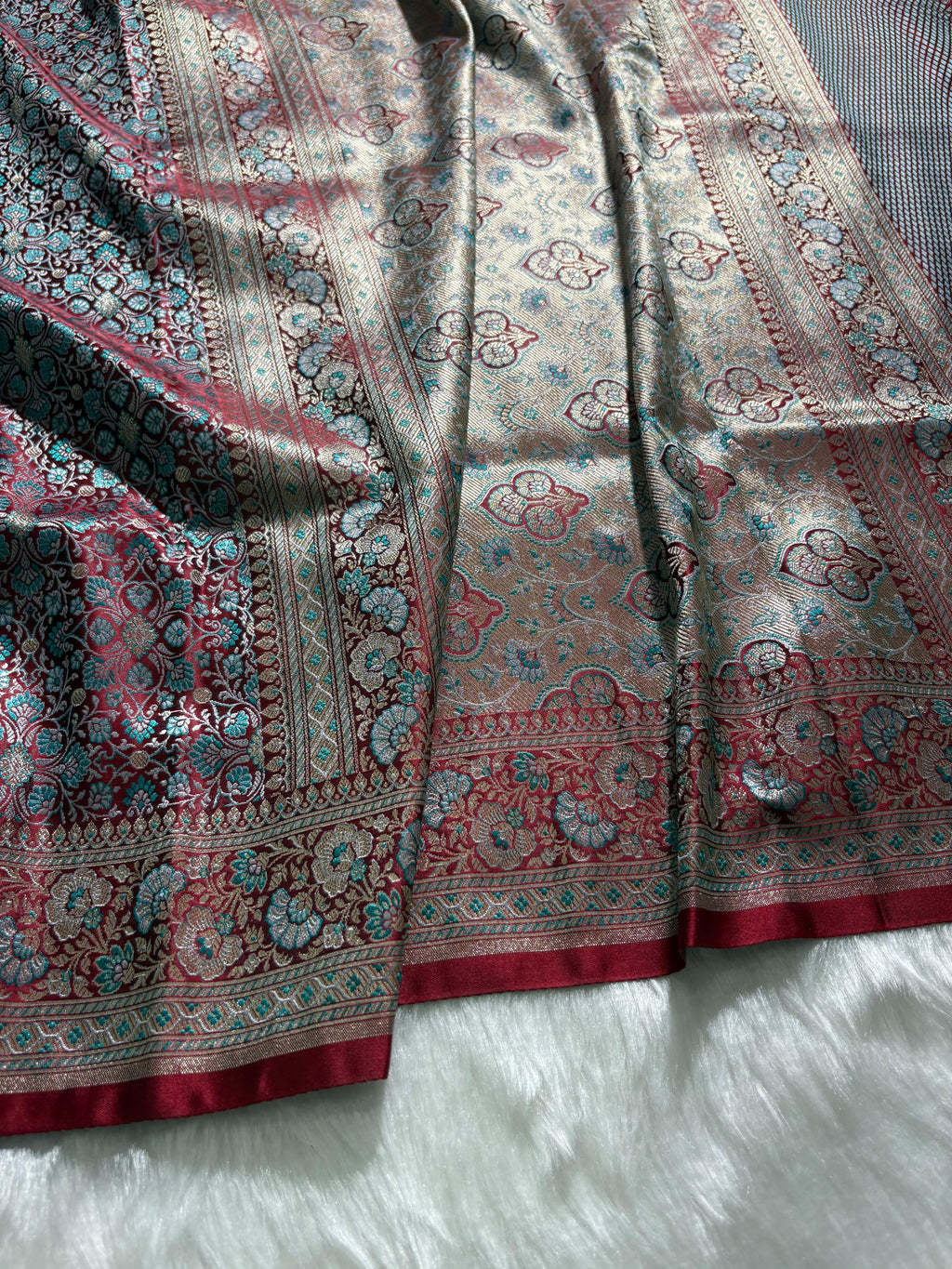 Wine - Teal Jamawar Tanchoi Katan Silk Saree