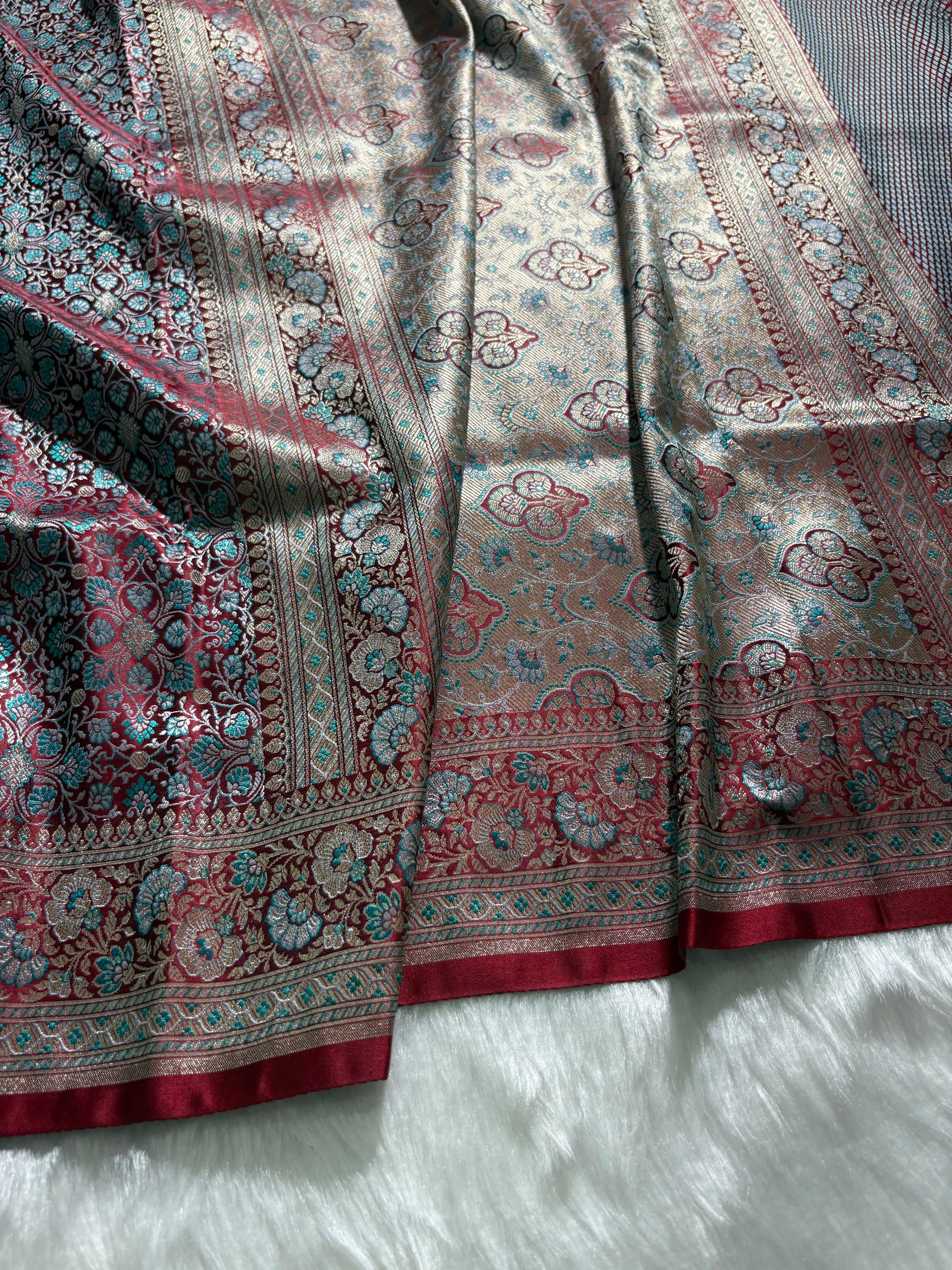 Wine - Teal Jamawar Tanchoi Katan Silk Saree
