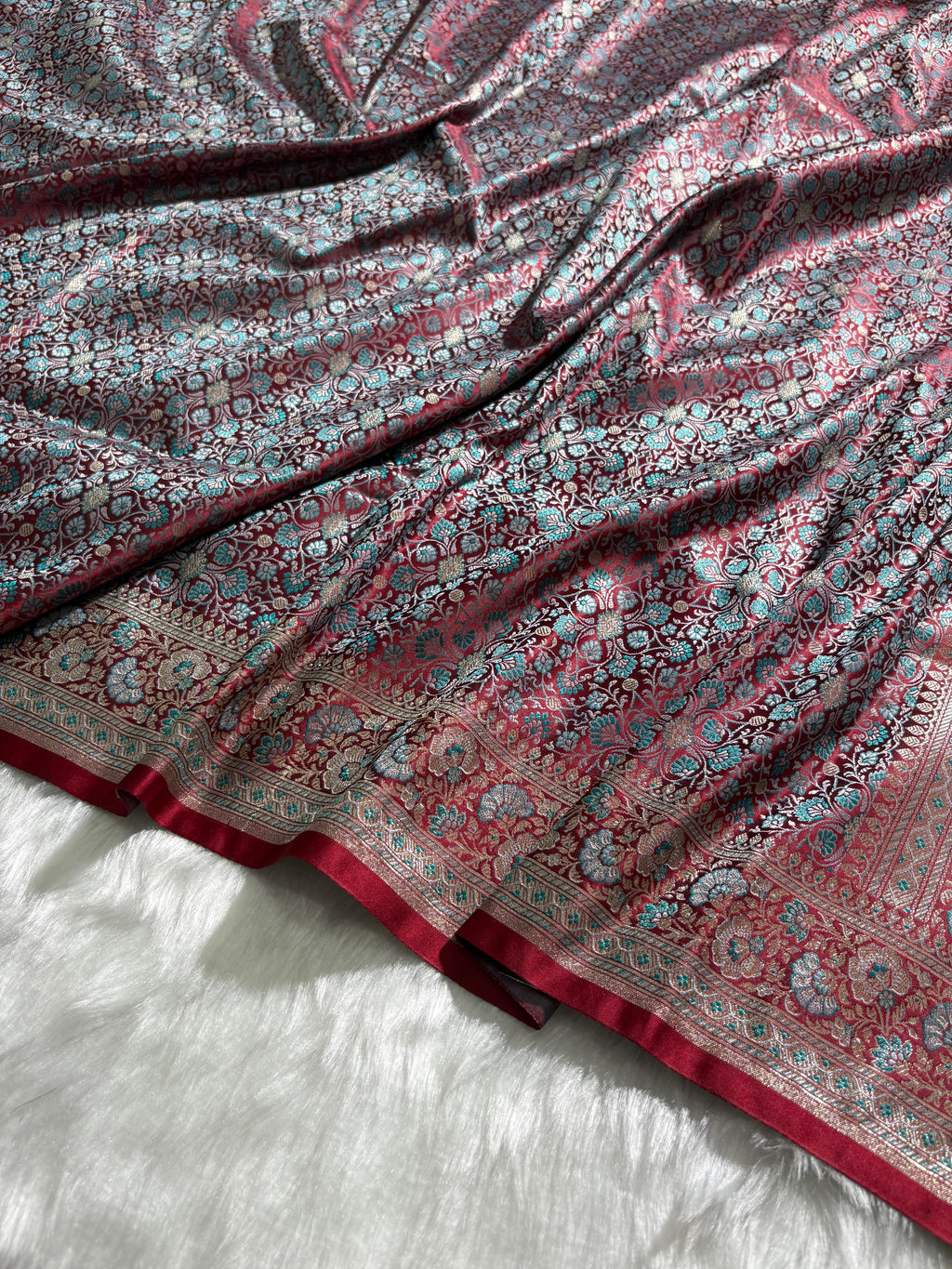 Wine - Teal Jamawar Tanchoi Katan Silk Saree