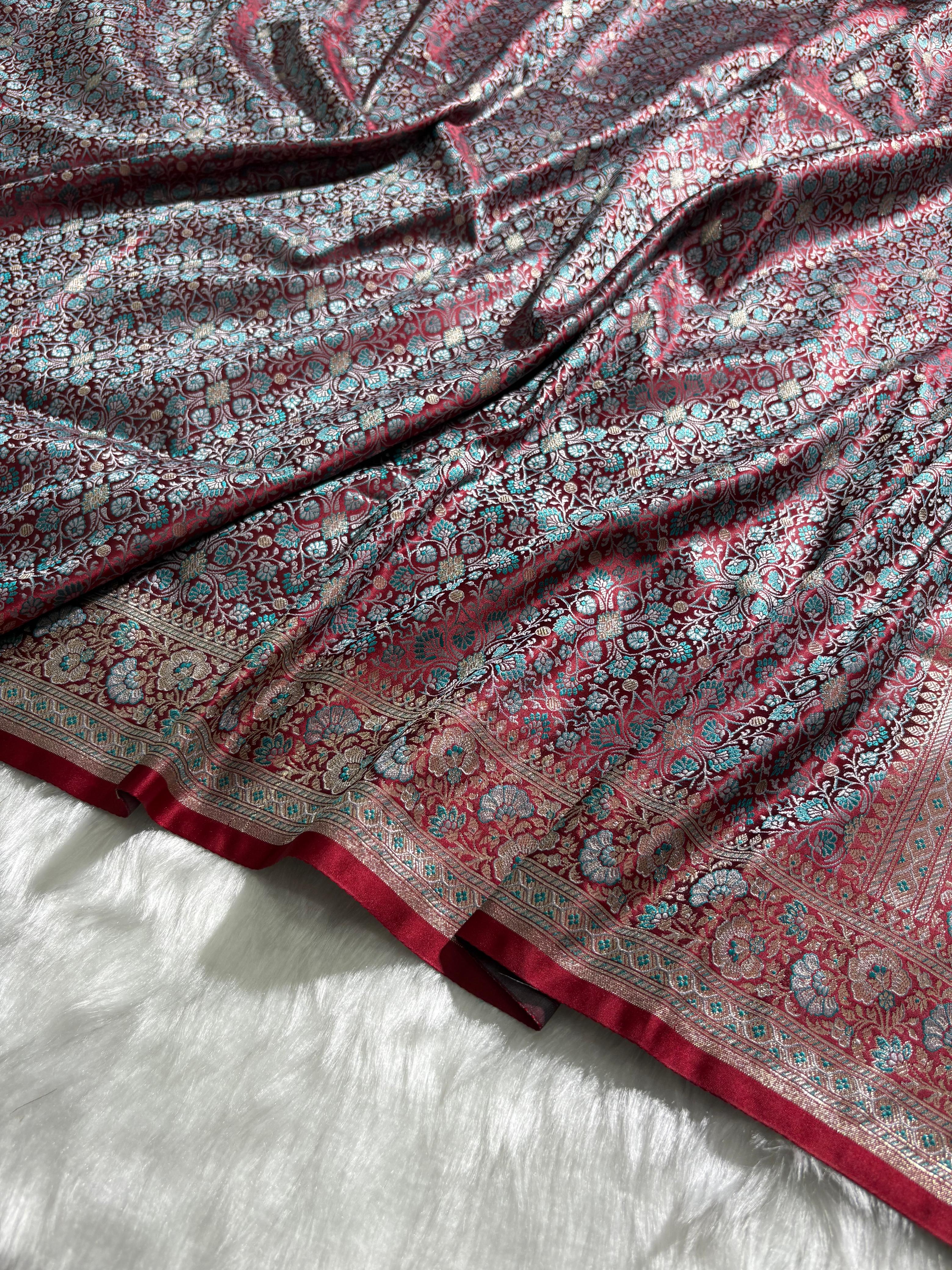 Wine - Teal Jamawar Tanchoi Katan Silk Saree