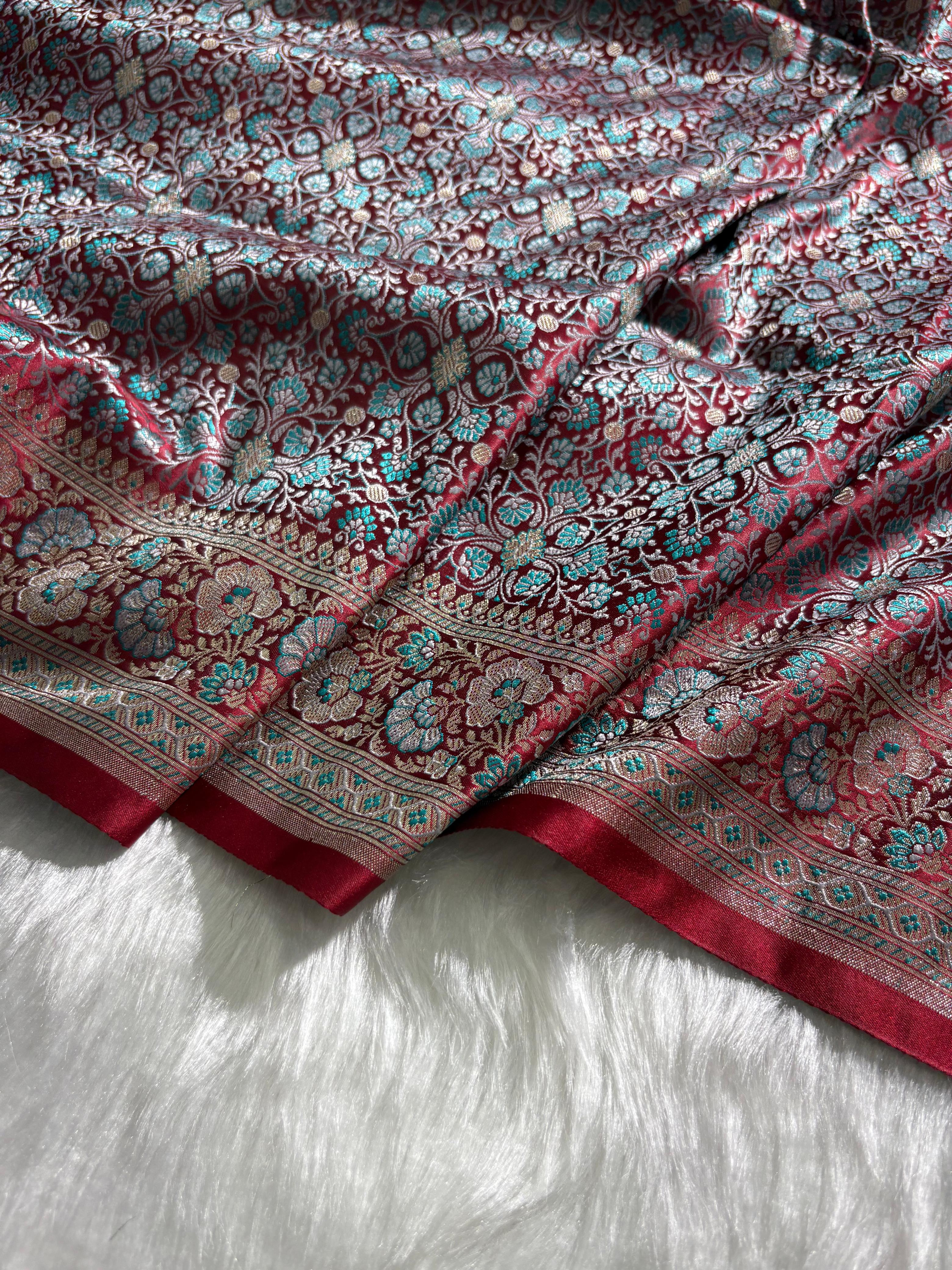Wine - Teal Jamawar Tanchoi Katan Silk Saree