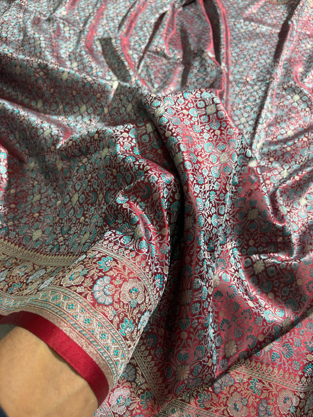 Wine - Teal Jamawar Tanchoi Katan Silk Saree