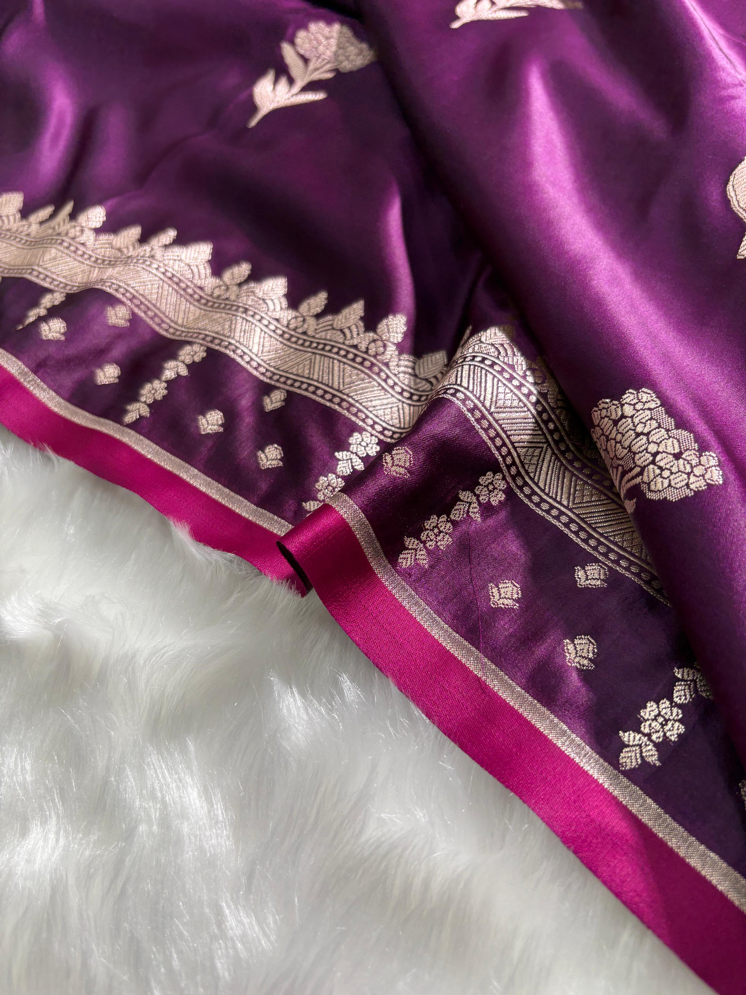 Premium Wine Banarasi Floral Motifs Katan Silk Saree
