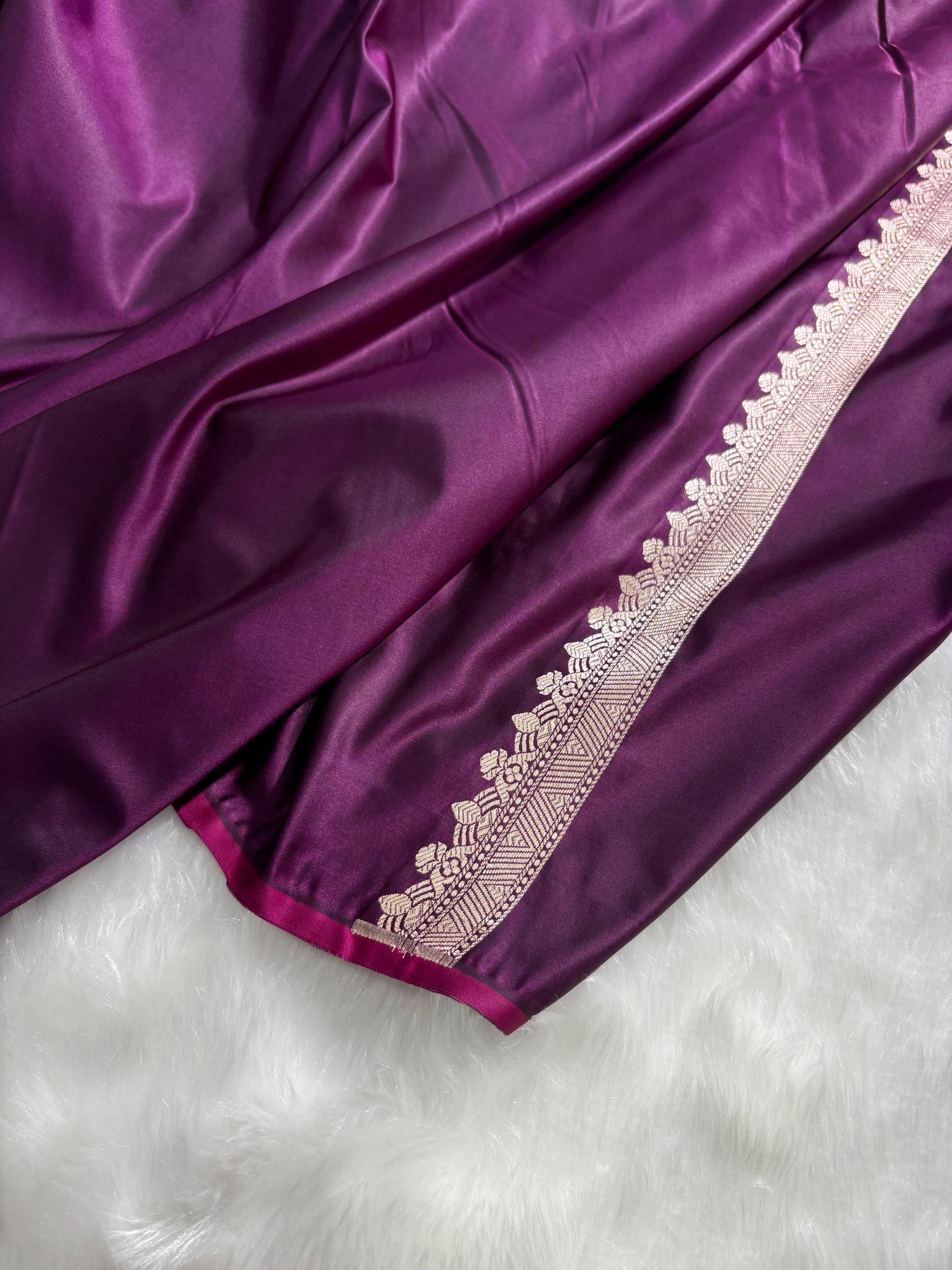 Premium Wine Banarasi Floral Motifs Katan Silk Saree