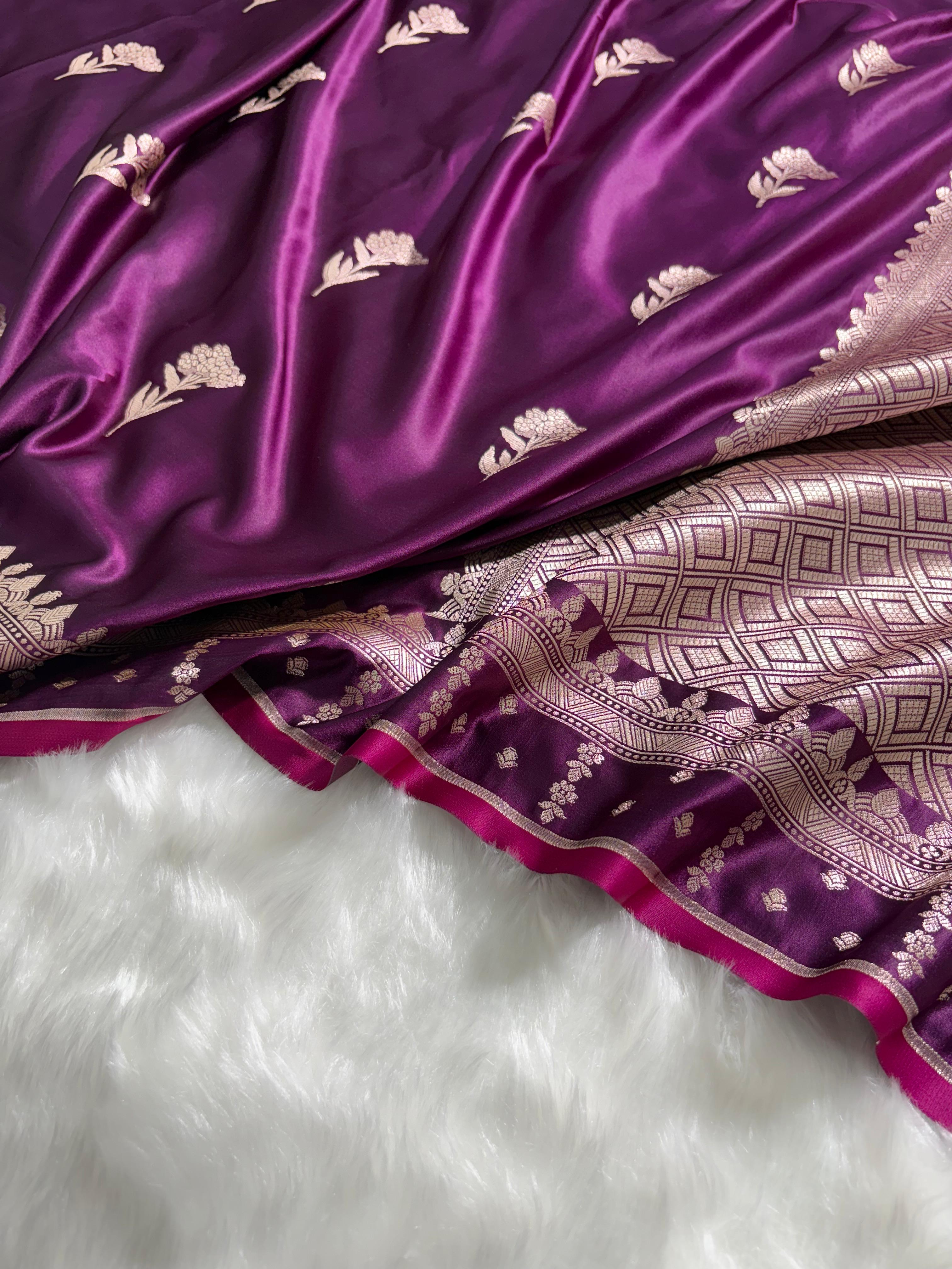 Premium Wine Banarasi Floral Motifs Katan Silk Saree