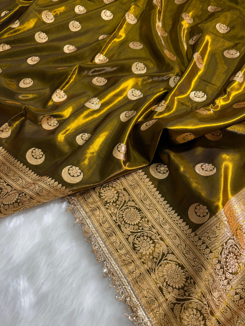 Mehandi Chand Tara Satin Silk Saree with Gota Patti