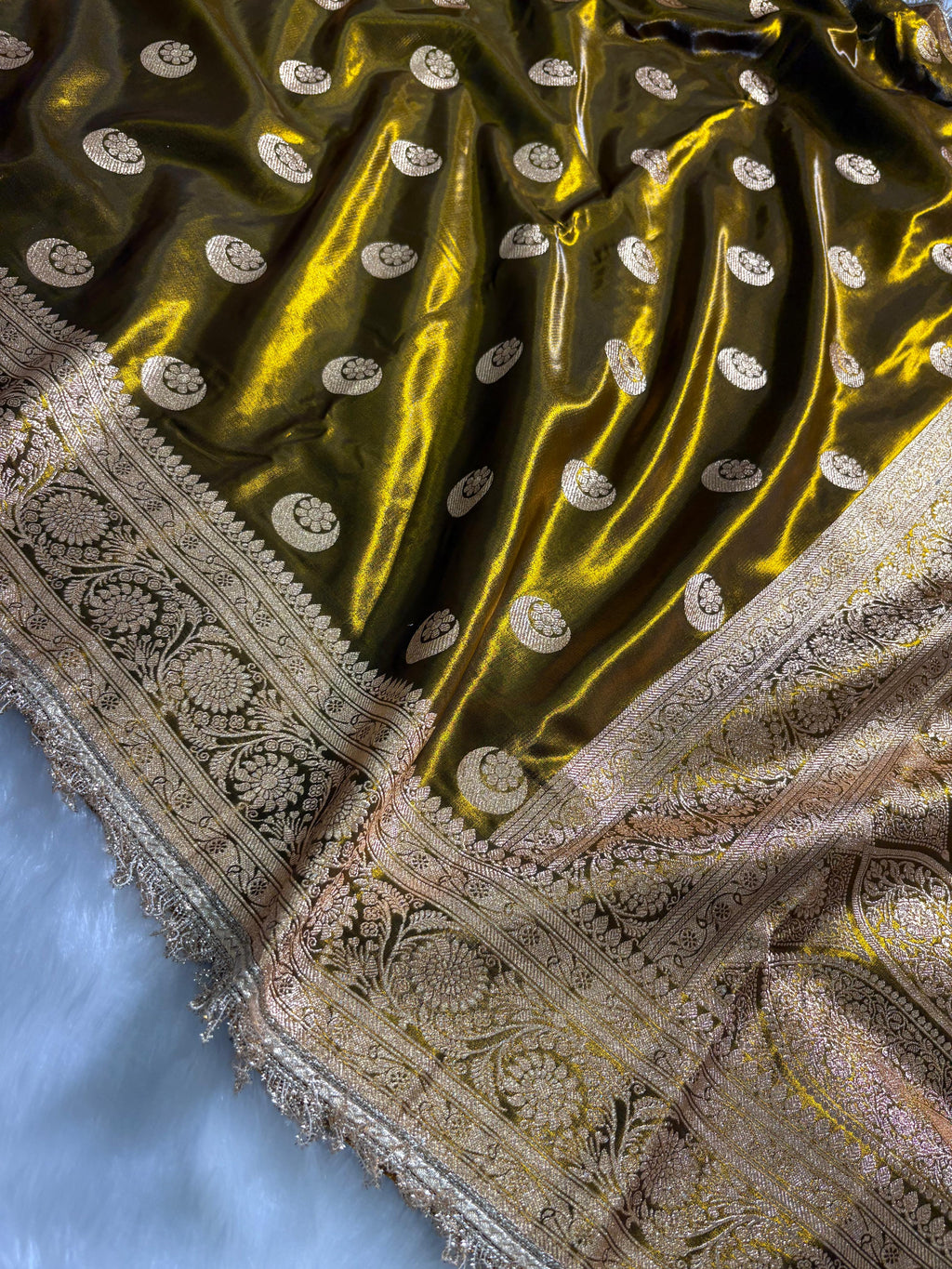 Mehandi Chand Tara Satin Silk Saree with Gota Patti