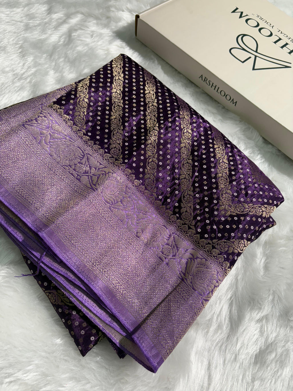 Violet Shades Bandhej Stripe Pattern With Contrast Border Crepe Silky Katan Banarasi Saree